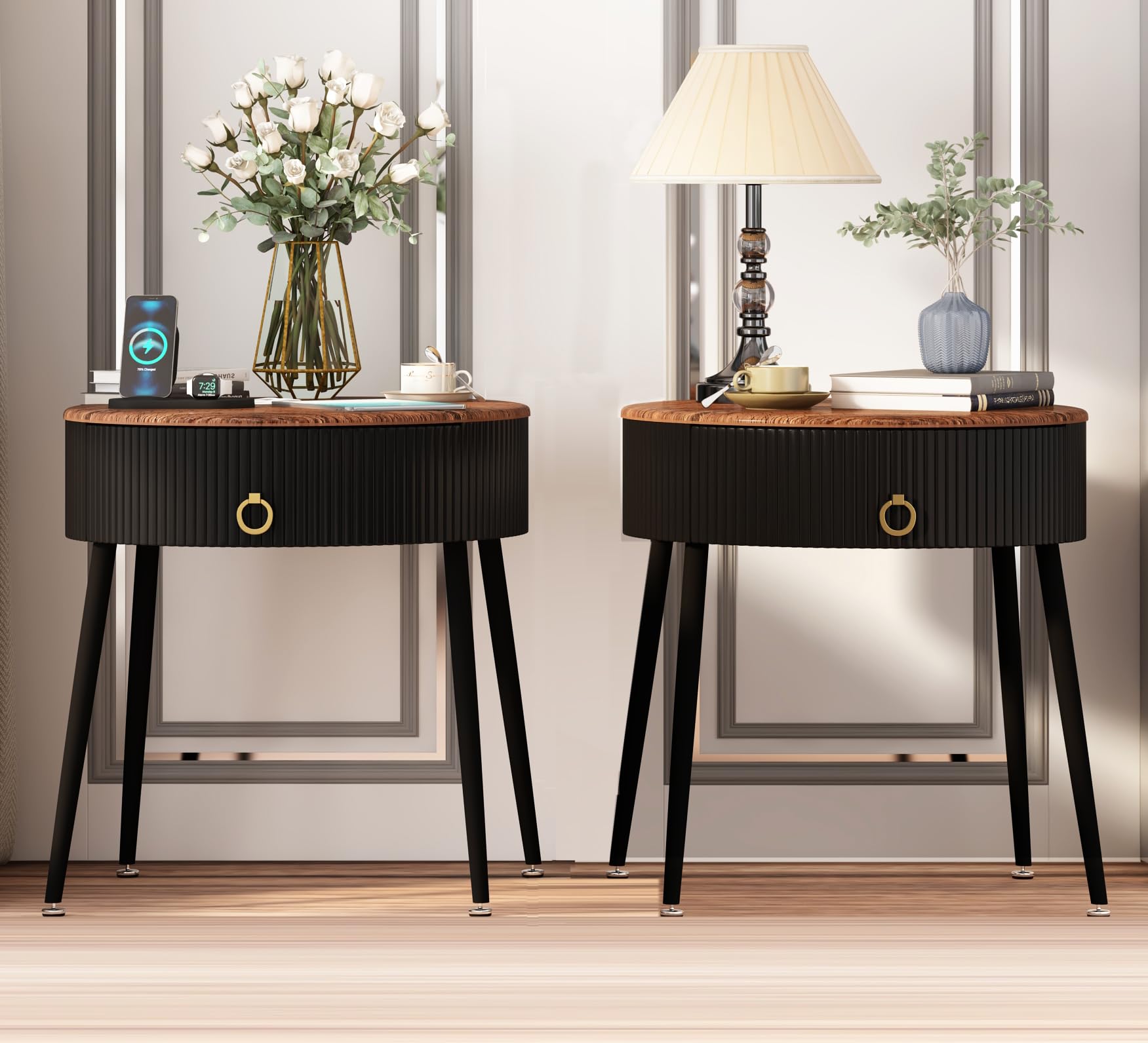 OIOG Side Tables Set of 2, Round Nightstand with Drawer, Modern Bedside End Tables for Small Space, Living Room, Bedroom, Office