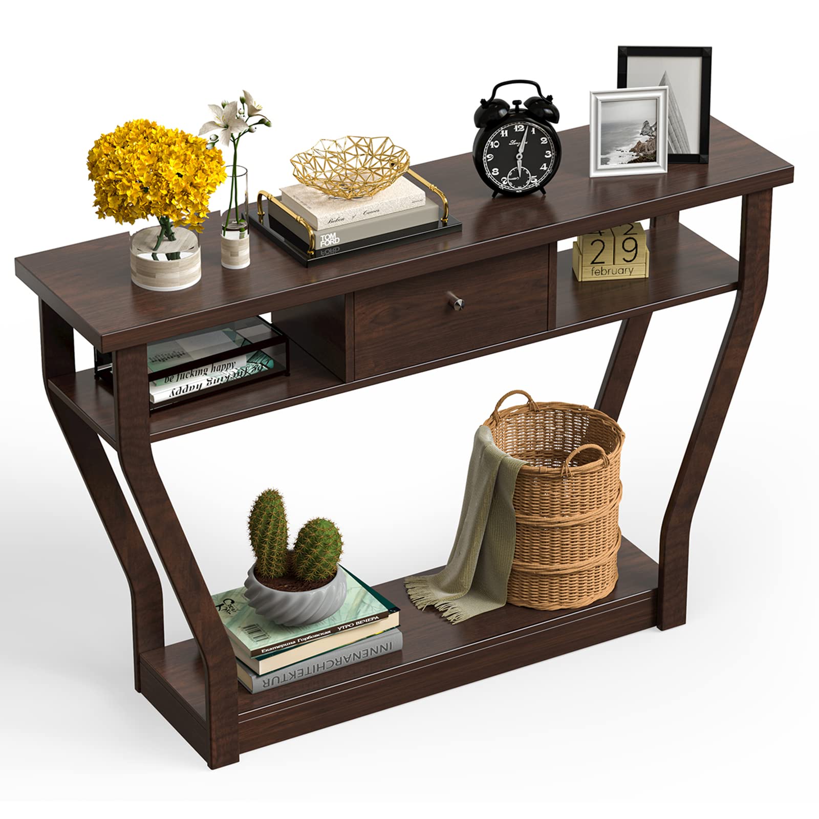 Casart Console Table, 3 Tiers Hallway Accent Tables With Shelves & Drawer, Wooden Sofa Side Table For Living Room Dining Room Entryway (Brown)