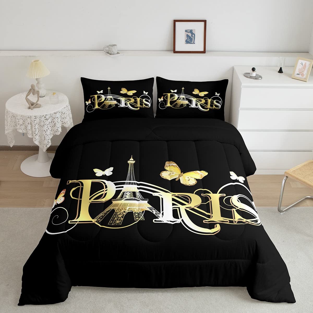 Eiffel Tower Comforter Chic Paris Theme Bedding Set For Kids Boys Girls Butterfly Paris Cityscape Printed Comforter Set Modern F