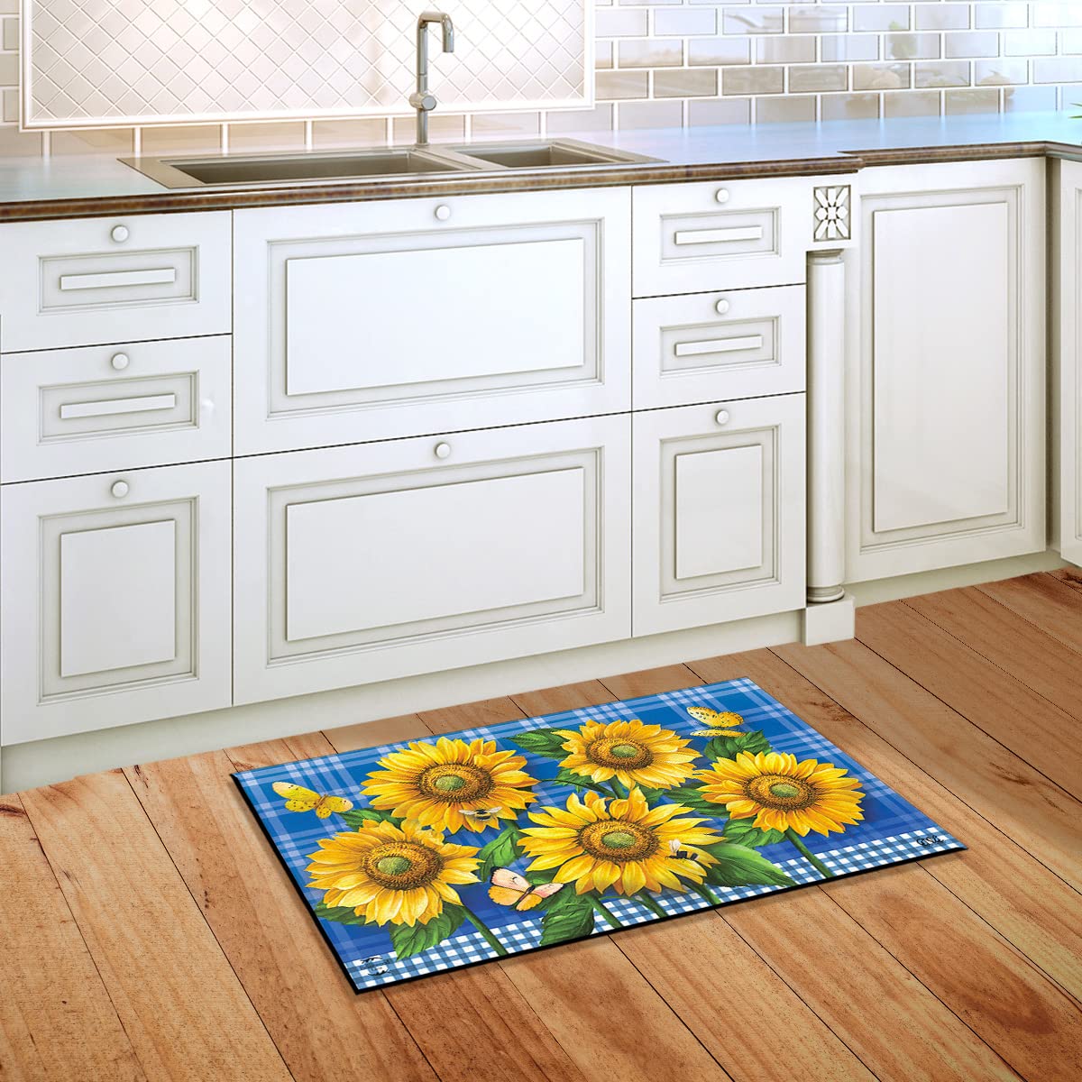 Briarwood Lane Blue Sunflowers Summer Doormat Plaid Floral Indoor Outdoor 30' X 18'