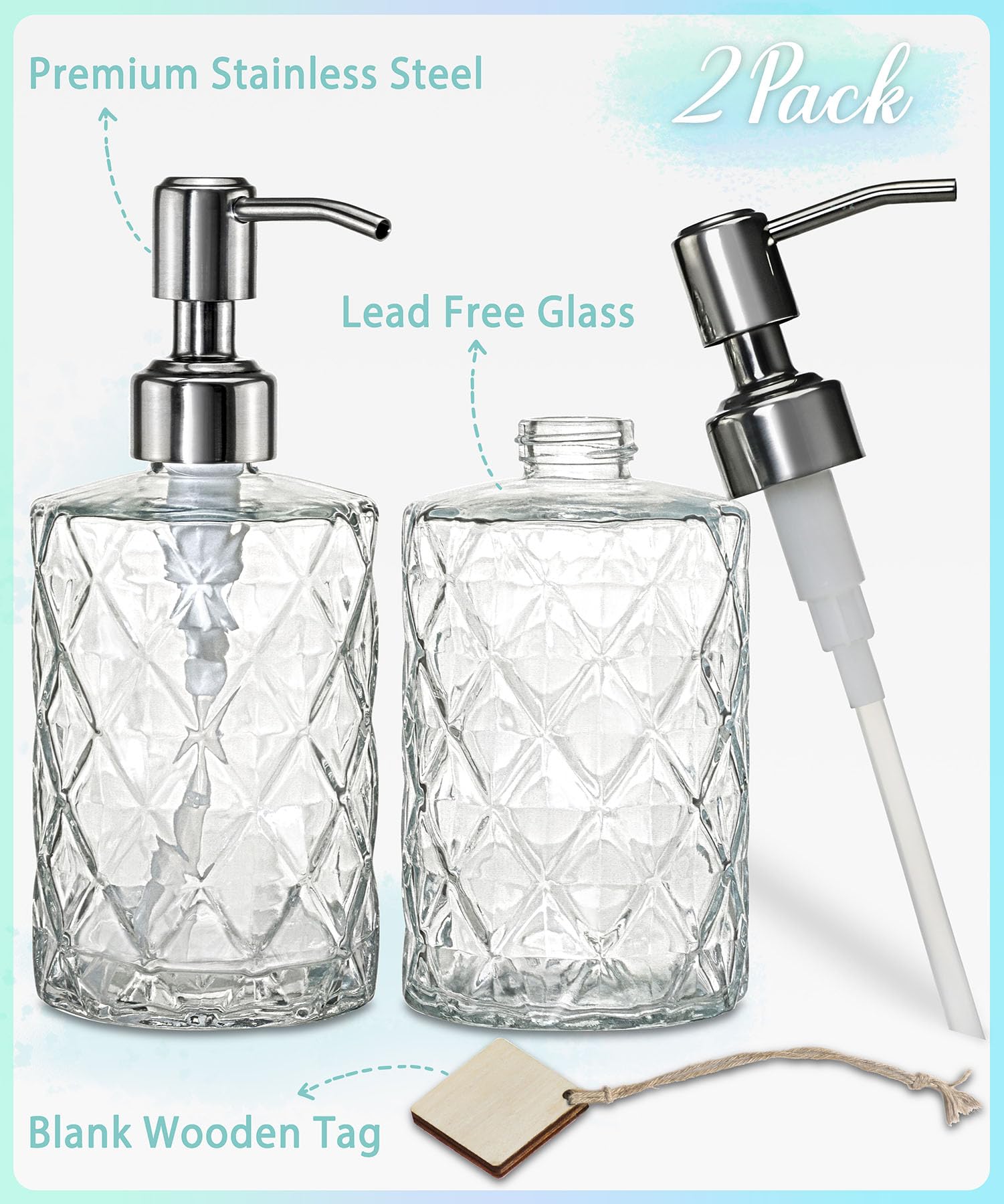 Jasai 2Pack Diamond Embossed Glass Soap Dispenser With 304 Rustproof Stainless Steel Pump, 12 Oz Bathroom Soap Dispenser With A