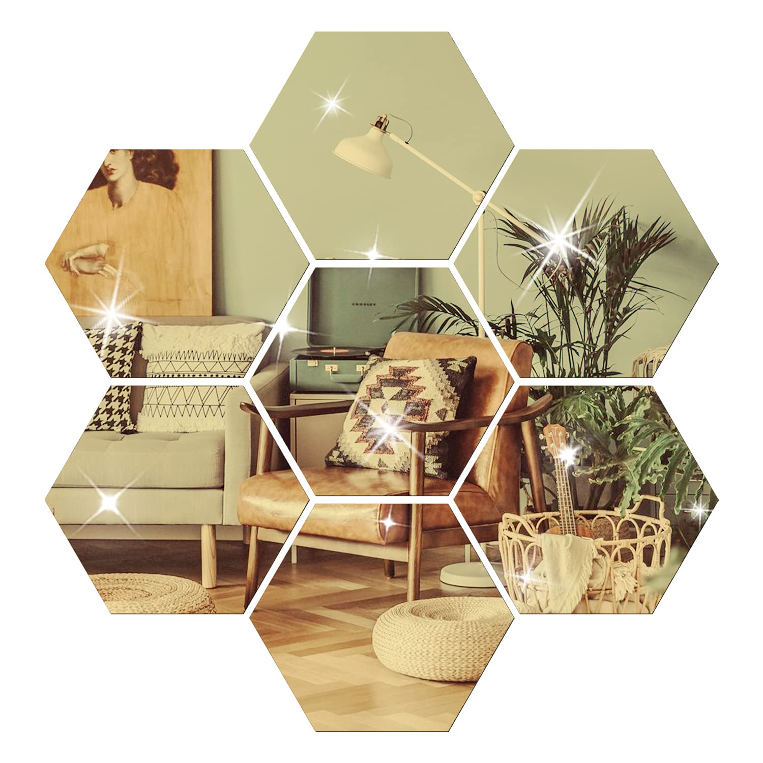 NAILDOKI DIY Wall Decals Acrylic Mirror Sticker Set 12 Pcs, Hexagon Mirror Wall Stickers for Living Room Bedroom Decor (Gold)
