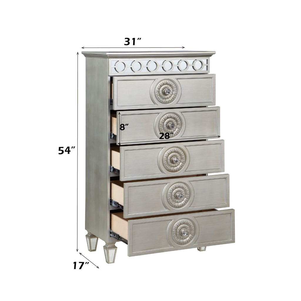 Acme Varian 5 Drawers Wooden Chest with Mirror Inlay in Silver