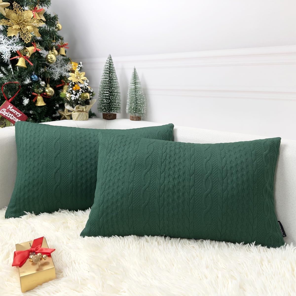 Booque Valley Rectangular Throw Pillow Covers, Pack Of 2 Super Soft Elegant Modern Knit Lumber Green Cushion Covers, Oblong Chri