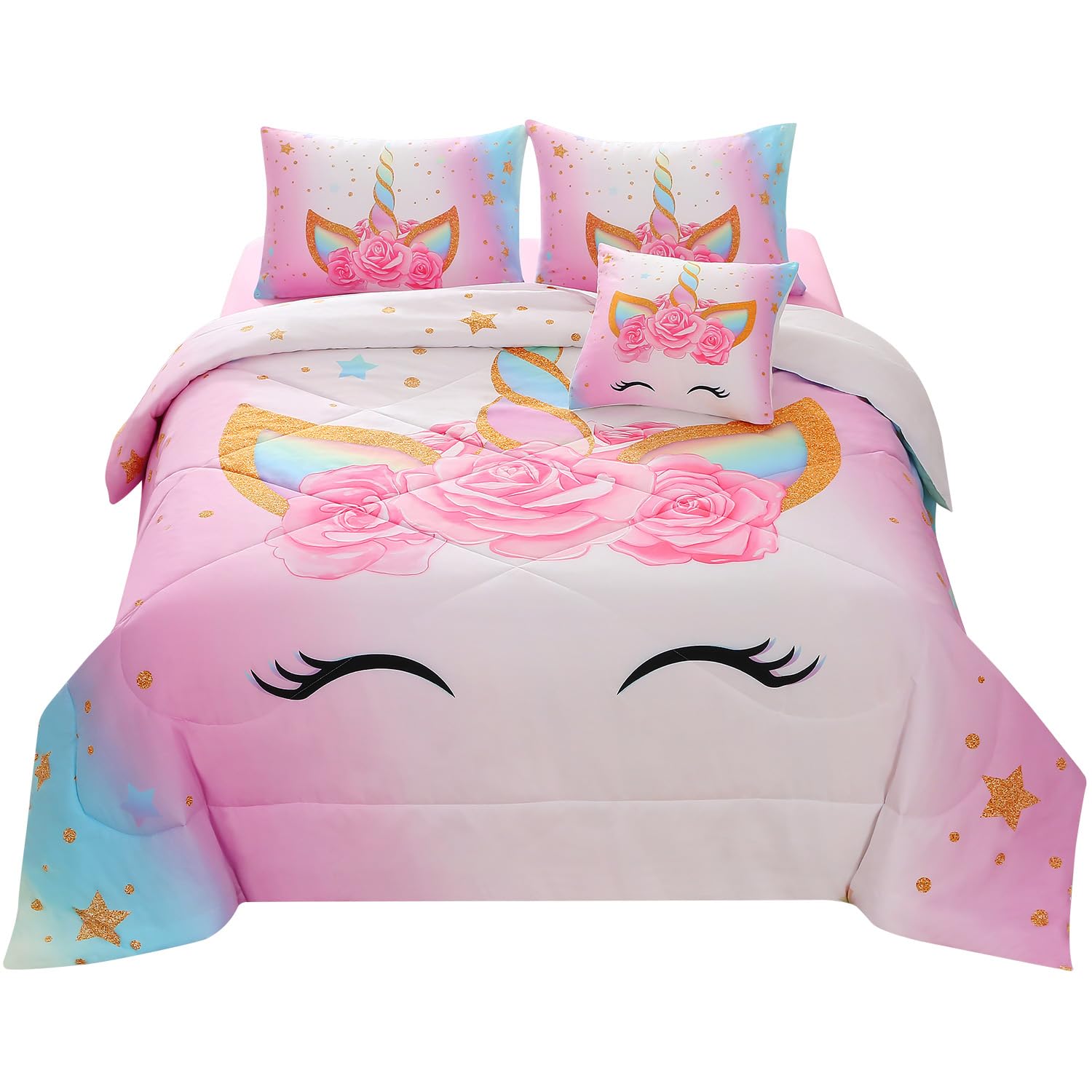 Jqinhome Unicorn Full Bedding Sets For Girls Kids,6 Piece Bed In A Bag 3D Colorful Flower Girl Unicorn Comforter Set (1 Comforte