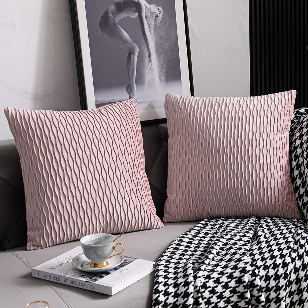 Dezene 22X22 Pink Throw Pillow Covers: 2 Pack Original Striped Velvet Square Decorative Pillow Cases For Farmhouse Couch