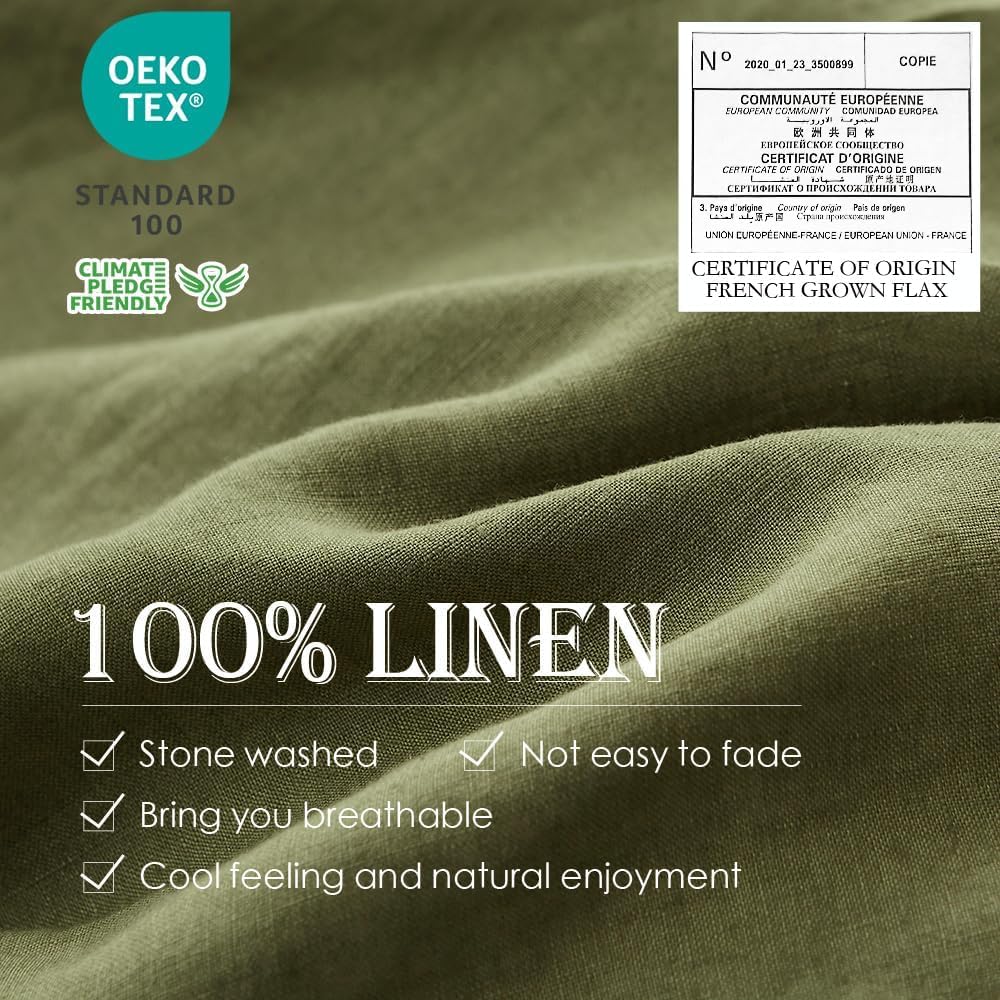 Simple&Opulence 100% Belgian Linen Pillow Shams -Set Of 2, King Size - Basic Style Breathable Pure Linen Suitable For Home - Soft And Durable With Envelope Closure (20''X 36'', Olive Green)