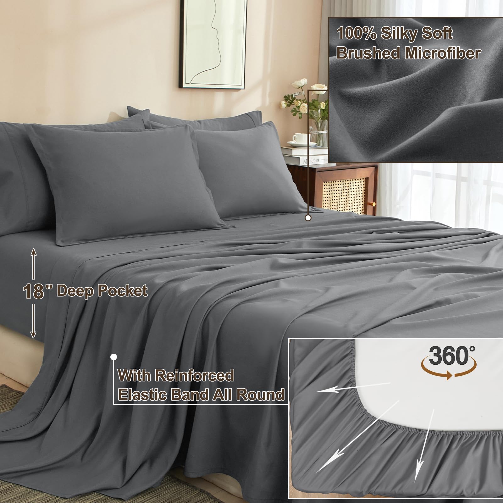 Phf 7 Pieces California King Comforter Set, Bed In A Bag Comforter & 18' Sheet Set All Season, Ultra Soft Comfy Bedding Sets With Comforter, Sheets, Pillowcases & Shams, Dark Grey