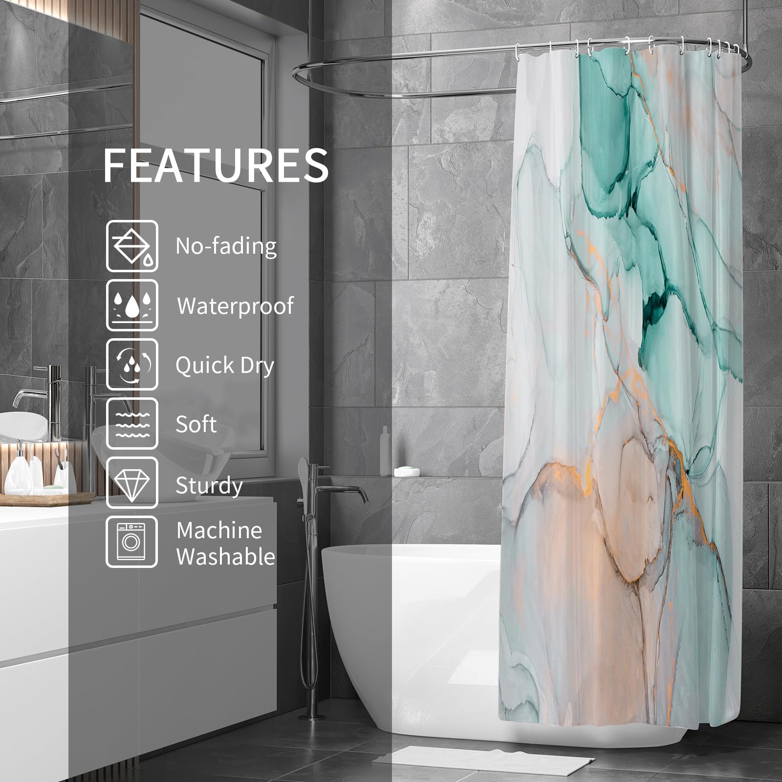 Gibelle Long Fabric Shower Curtain 72 X 78, Tall Abstract Grey Teal Marble Shower Curtain, Modern Ink Art Waterproof Fabric Show