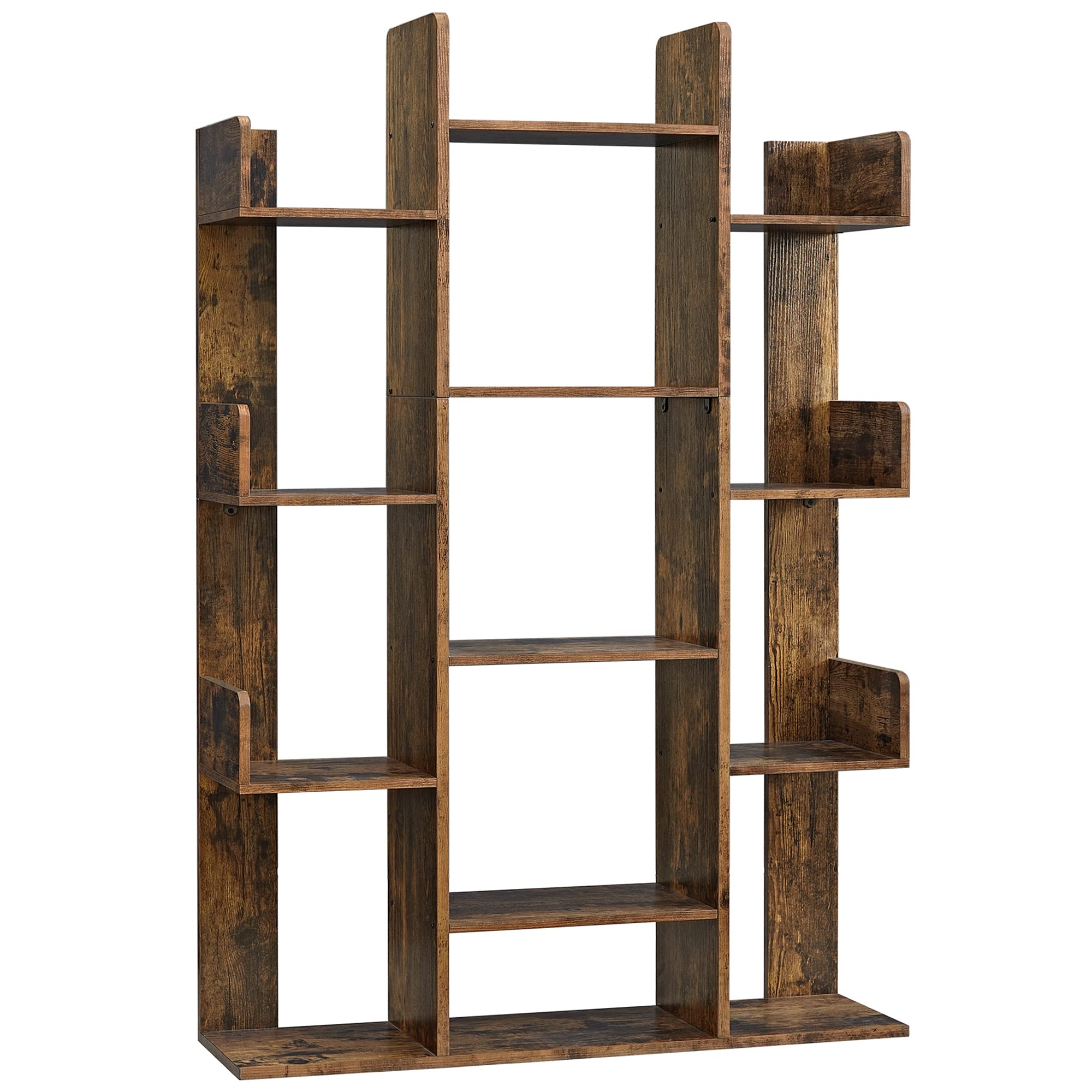 Vasagle Bookshelf, Tree-Shaped Bookcase With 13 Storage Shelves, Rounded Corners, 9.8”D X 33.9”W X 55.1”H, Rustic Brown Ulbc67Bxv1
