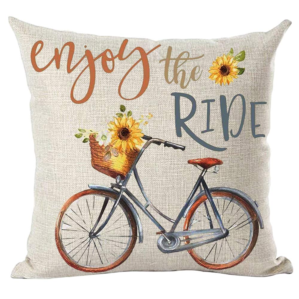 Ramirar Ink Oil Painting Watercolor Blue Bicycle Bike Yellow Sunflowers Enjoy The Ride Decorative Throw Pillow Cover Case Home L