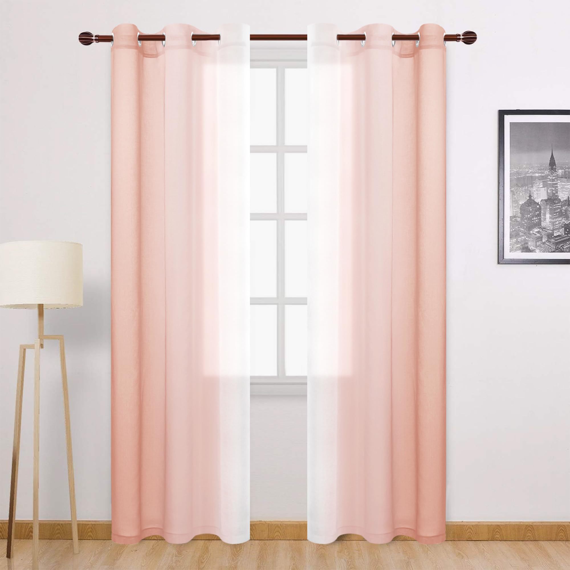 Dwcn Blush Pink Ombre Sheer Curtains - 84 Inches Long Faux Linen Gradient Semi Voile Curtains For Bedroom And Living Room, Set O
