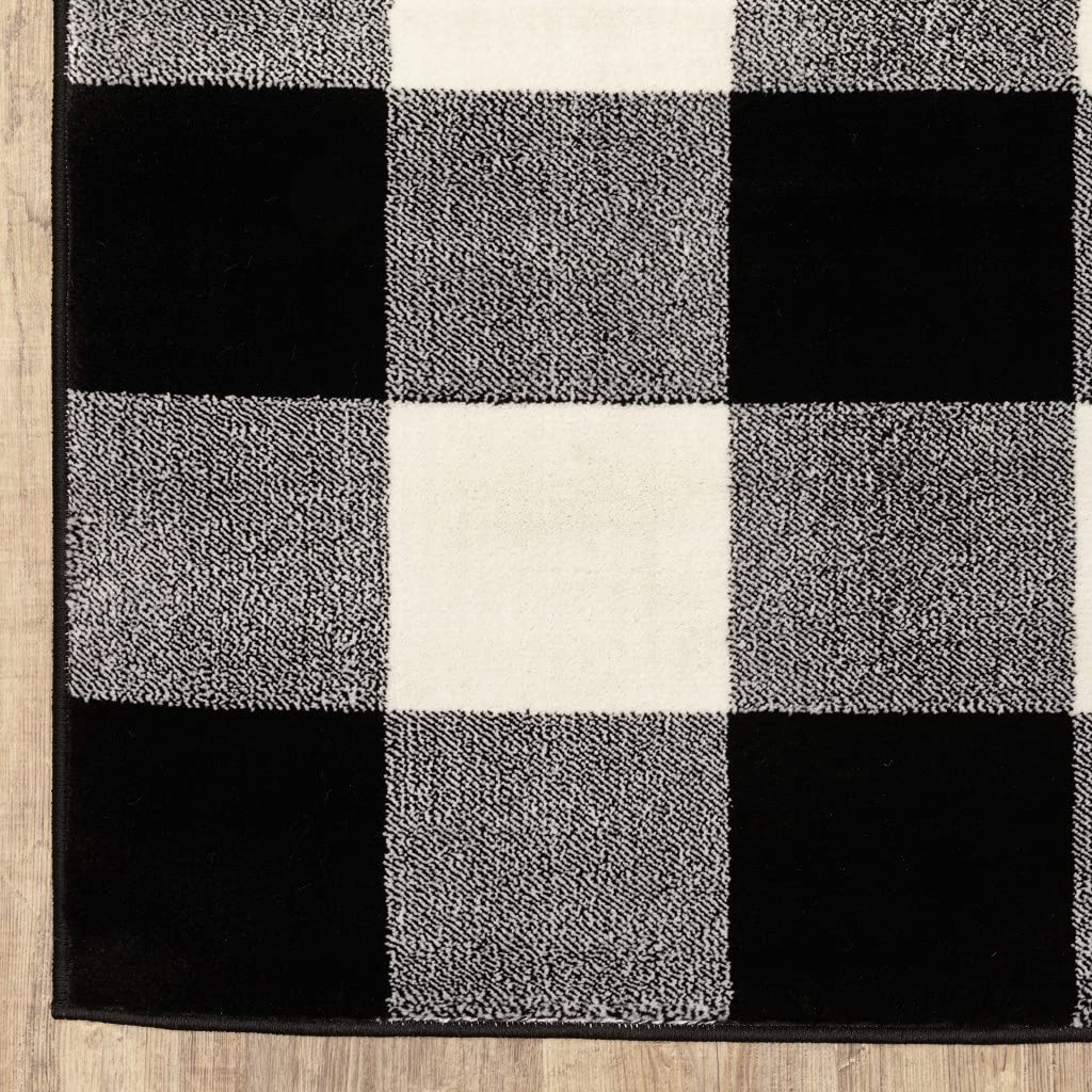 HomeRoots Black Polypropylene 10’ x 13’ Monochromatic Gingham Pattern Indoor Area Rug