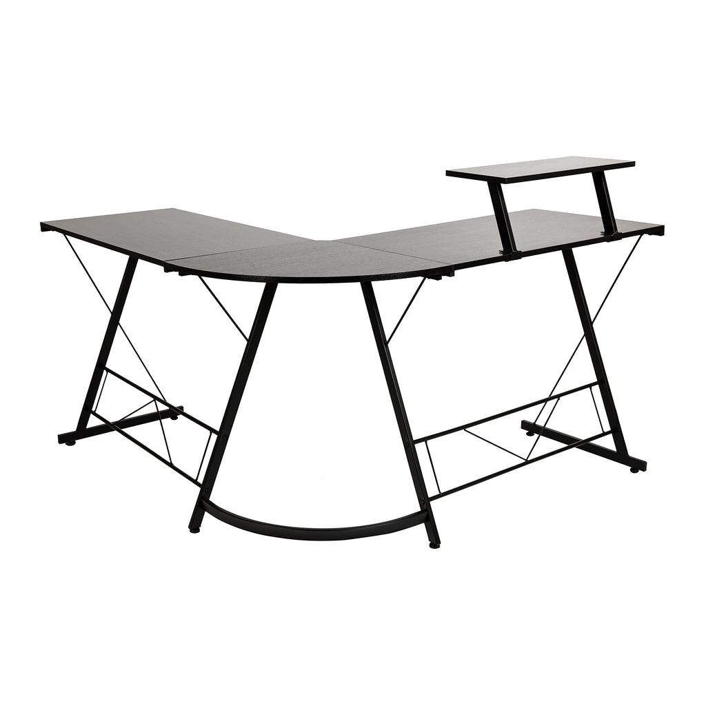 Flash Furniture Ginny Corner Desk - Black/Black Space Saving L-Shaped Gaming Desk with Monitor Shelf - 71.5" 2-Tier Computer Desk, Home Office Desk, Easy Assembly
