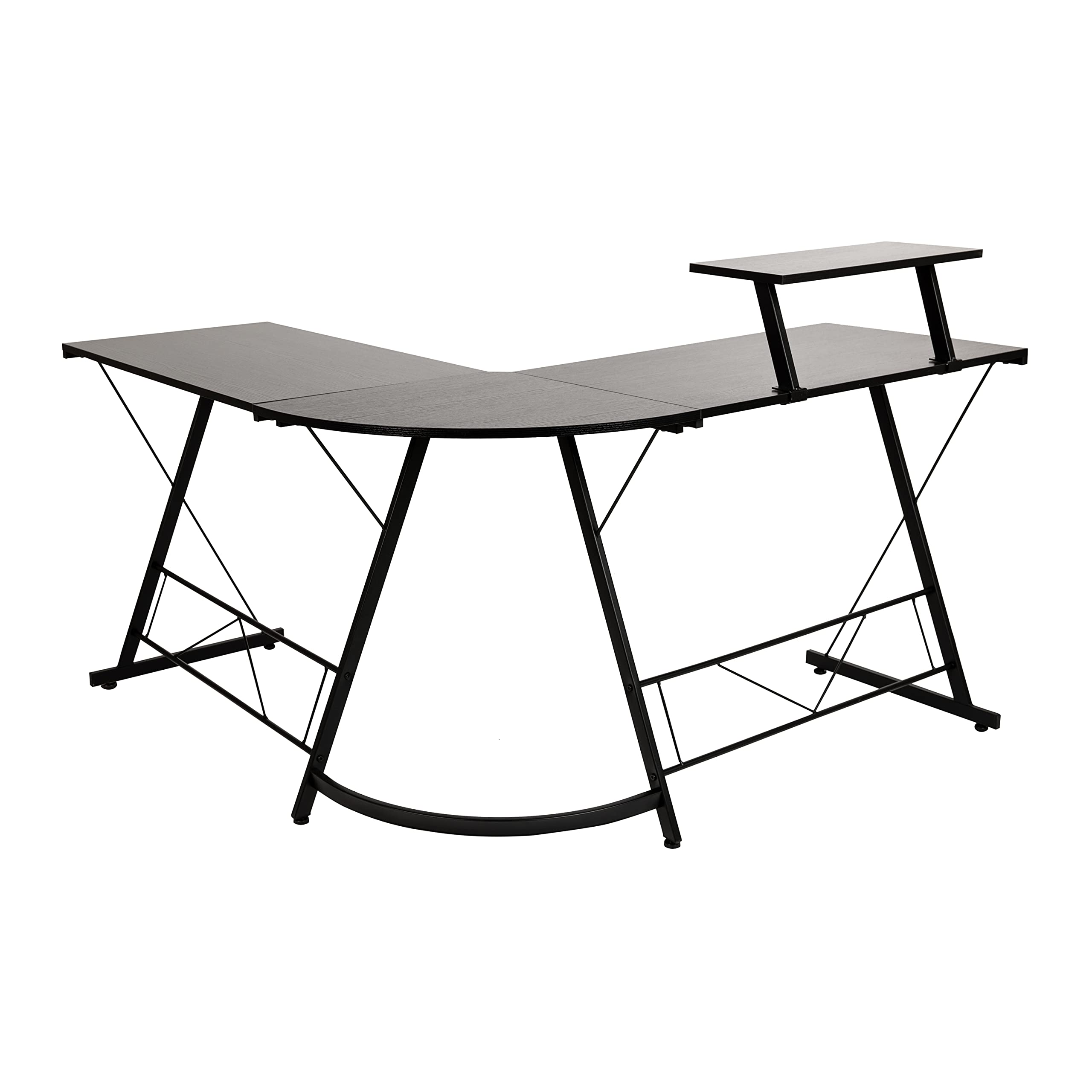 Flash Furniture Ginny Corner Desk - Black/Black Space Saving L-Shaped Gaming Desk with Monitor Shelf - 71.5" 2-Tier Computer Desk, Home Office Desk, Easy Assembly