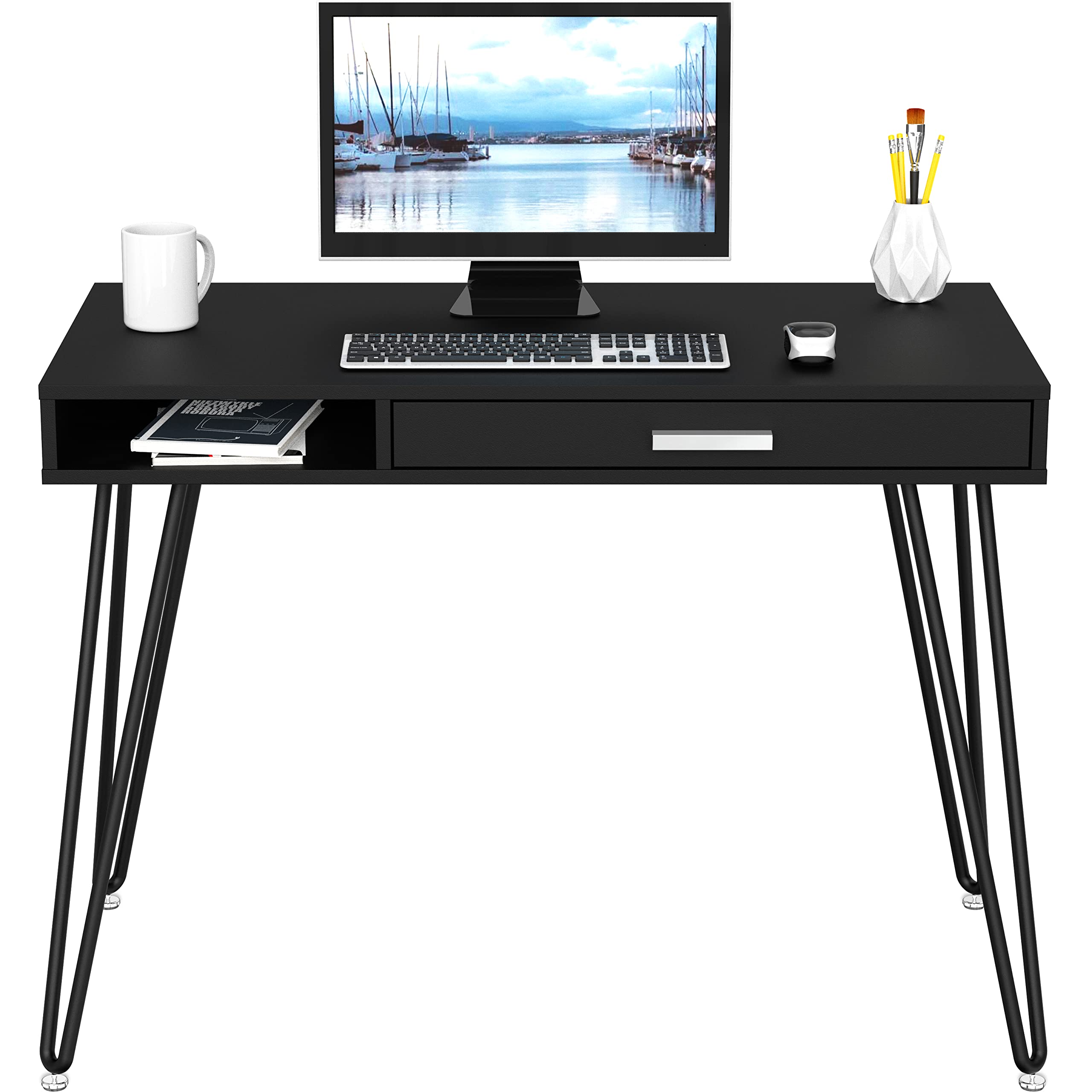 Shw Home Office Computer Hairpin Leg Desk With Drawer, Black
