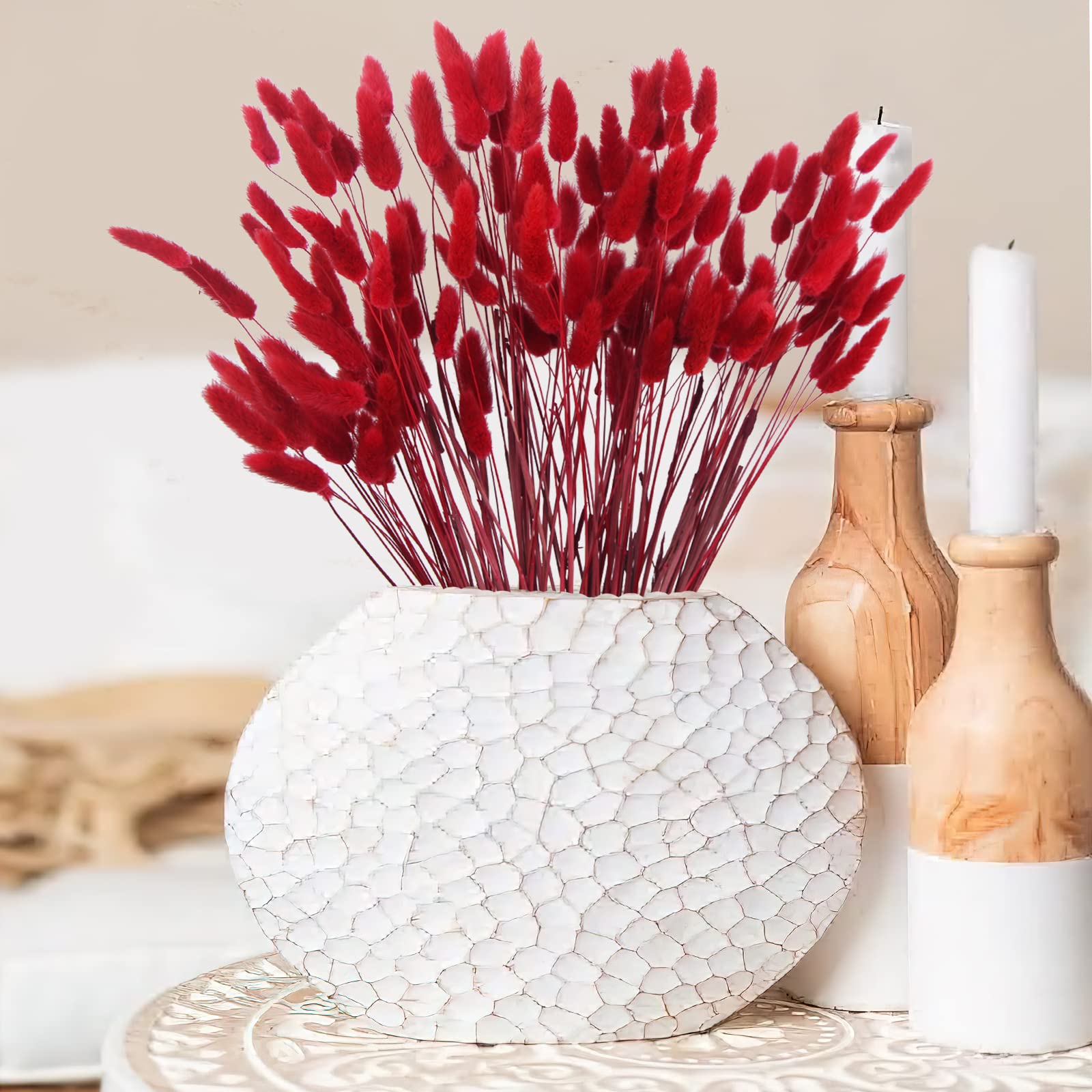 Cisdueo 120Pcs Dried Bunny Tails Flowers Red Lagurus Ovatus Tail Dried Flowers Pampas Grass Natural Dried Floral Arrangement For