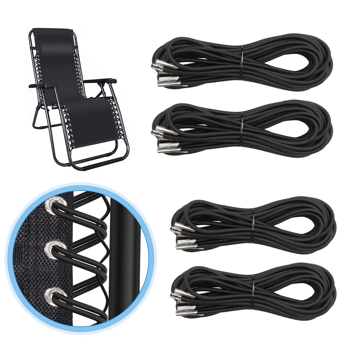 Universal Zero Gravity Chair Repair Cord Kit, 4 Pack Replacement Elastic Cords Repair Tool Kit For Repairing Zero Gravity Chair, Recliners (Black)
