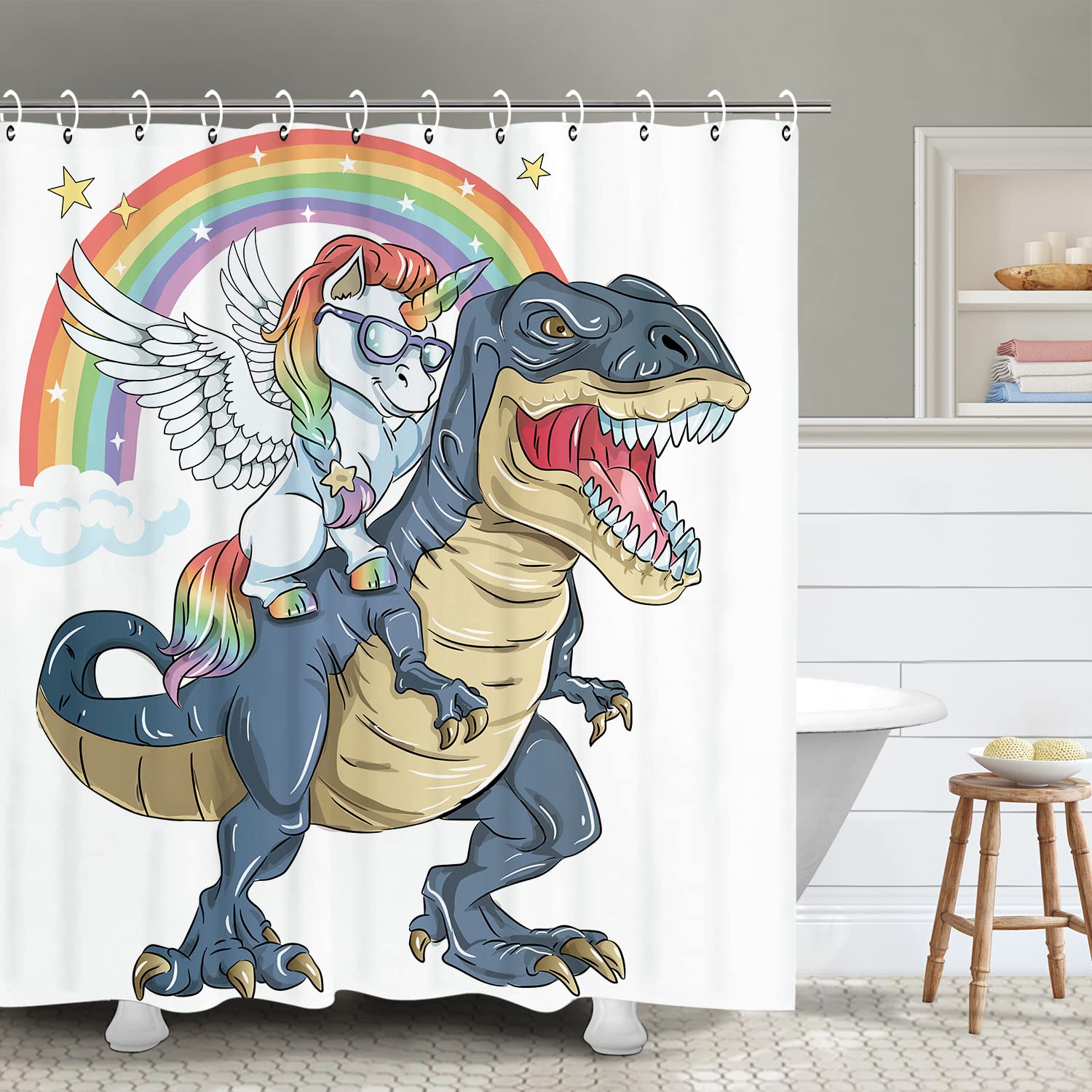 RosieLily Funny Shower Curtain, Dinosaur Shower Curtains Set with 12 Hooks, Unicorn Shower Curtain, Kids Bathroom Decor, 72x72
