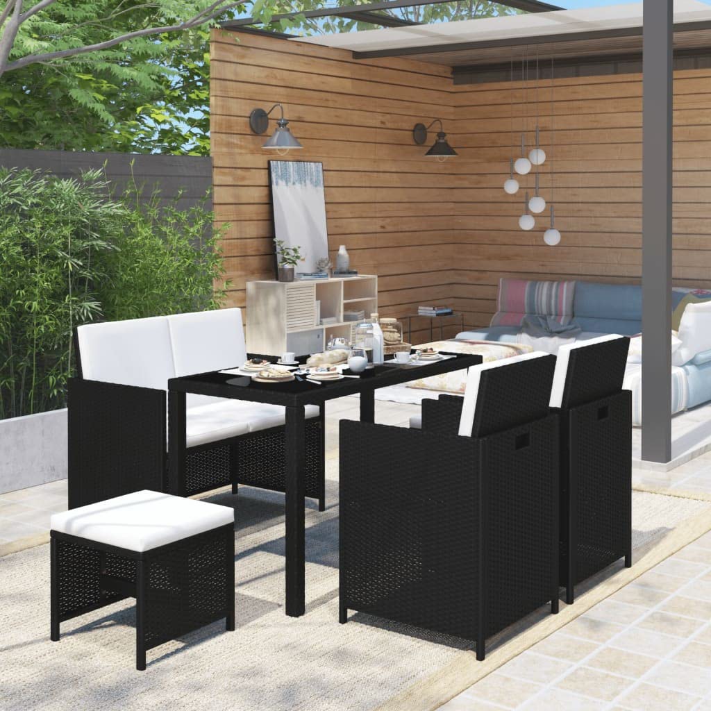 Nicoone 6 Piece Outdoor Dining Set with Cushions Poly Rattan Black