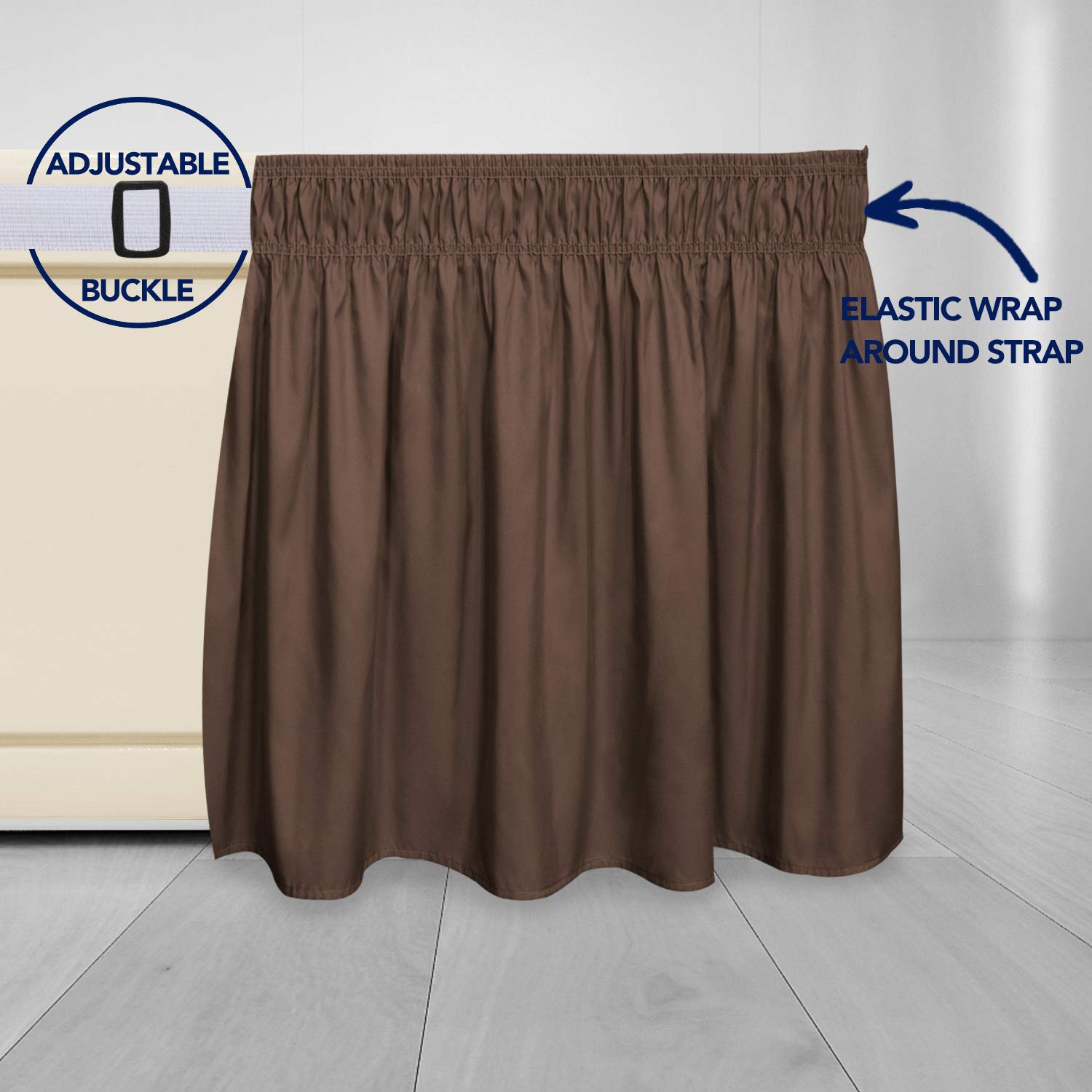 Purefit Wrap Around Ruffled Bed Skirt With Adjustable Elastic Belt - 14 Inch Drop Easy To Put On, Wrinkle Free Bedskirt Dust Ruffles, Bed Frame Cover For Twin,Twin Xl And Full Size Beds, Brown