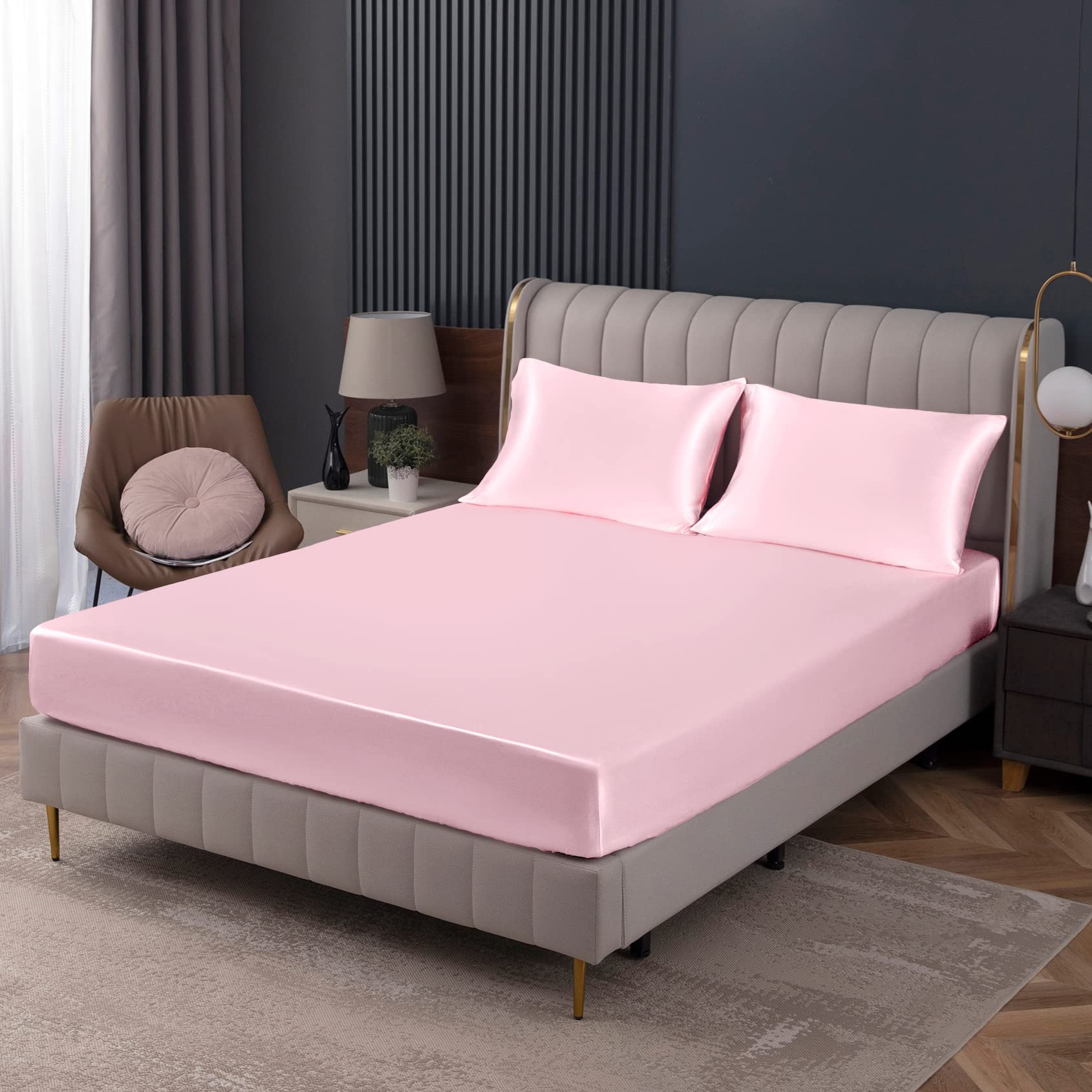 Homiest Blush Pink Satin Fitted Sheet King Size Fitted Bed Sheet, Deep Pocket Fitted Sheet Only, Luxury & Ultra Soft Bedding Fitted Sheet Single Bottom Bed Sheets Sold Separately