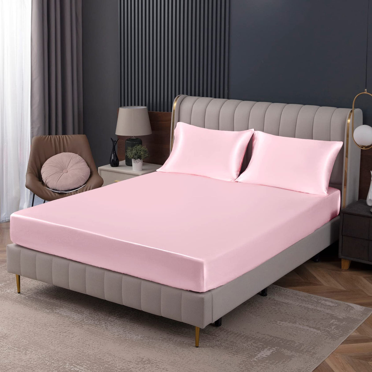 Homiest Blush Pink Satin Fitted Sheet Queen Size Fitted Bed Sheet, Deep Pocket Fitted Sheet Only, Luxury & Ultra Soft Bedding Fi