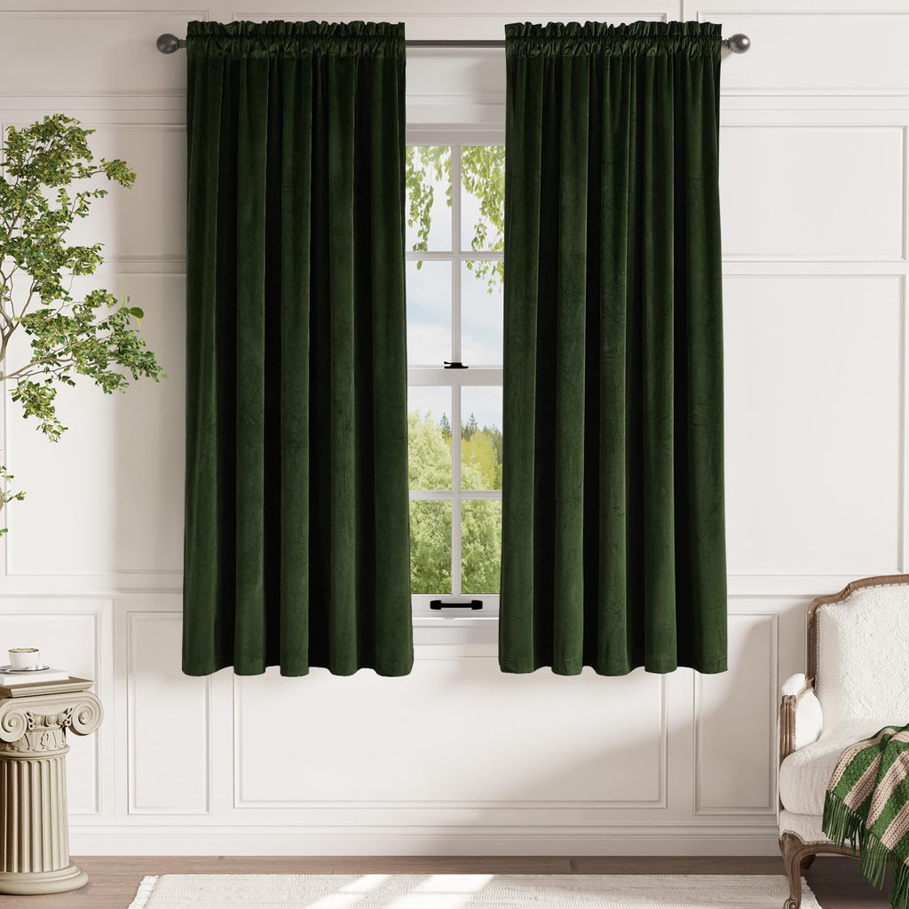 Lazzzy Green Velvet Curtain Thermal Insulated Curtains 72 Inch Long Drapes For Bedroom Living Room Darkening Window Treatments Rod Pocket, Set Of 2, Moss Green