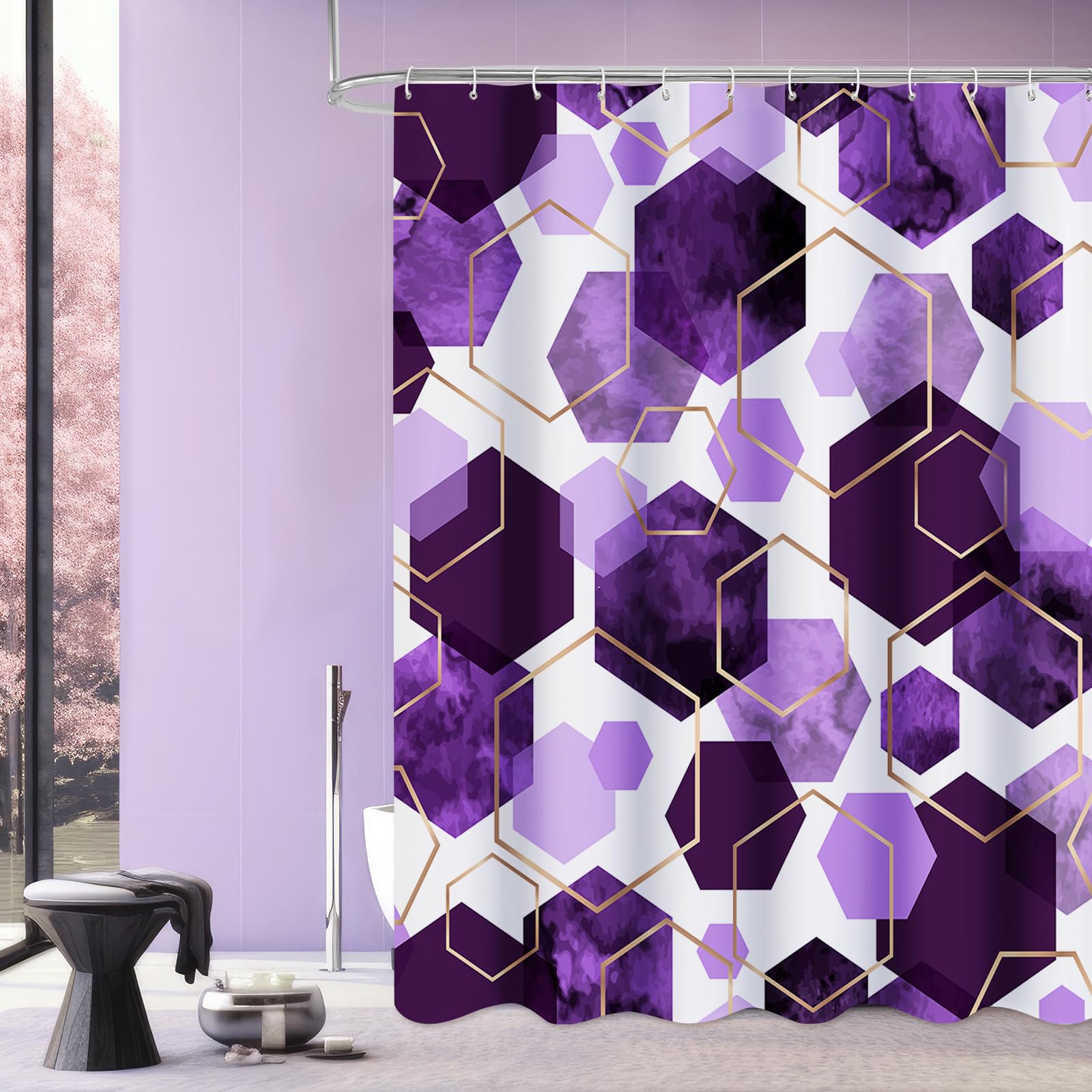 Litabel Modern Extra Long Shower Curtain For Bathroom, Purple Geometric Art Decor Waterproof Bath Curtain, Abstract Fabric Showe