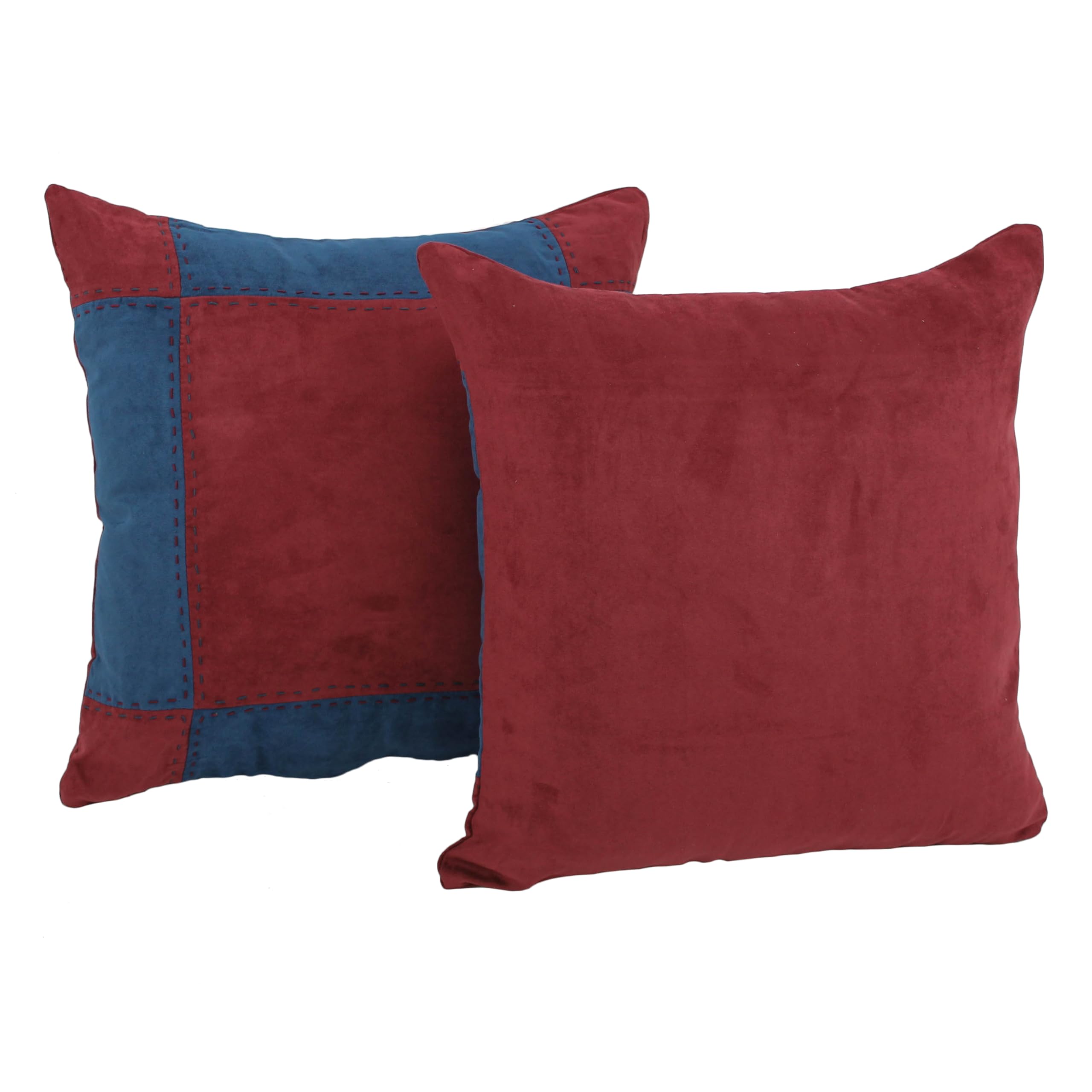 Blazing Needles Patchwork Microsuede Throw Pillow, 18 x 18, Red Wine/Indigo 2 Count