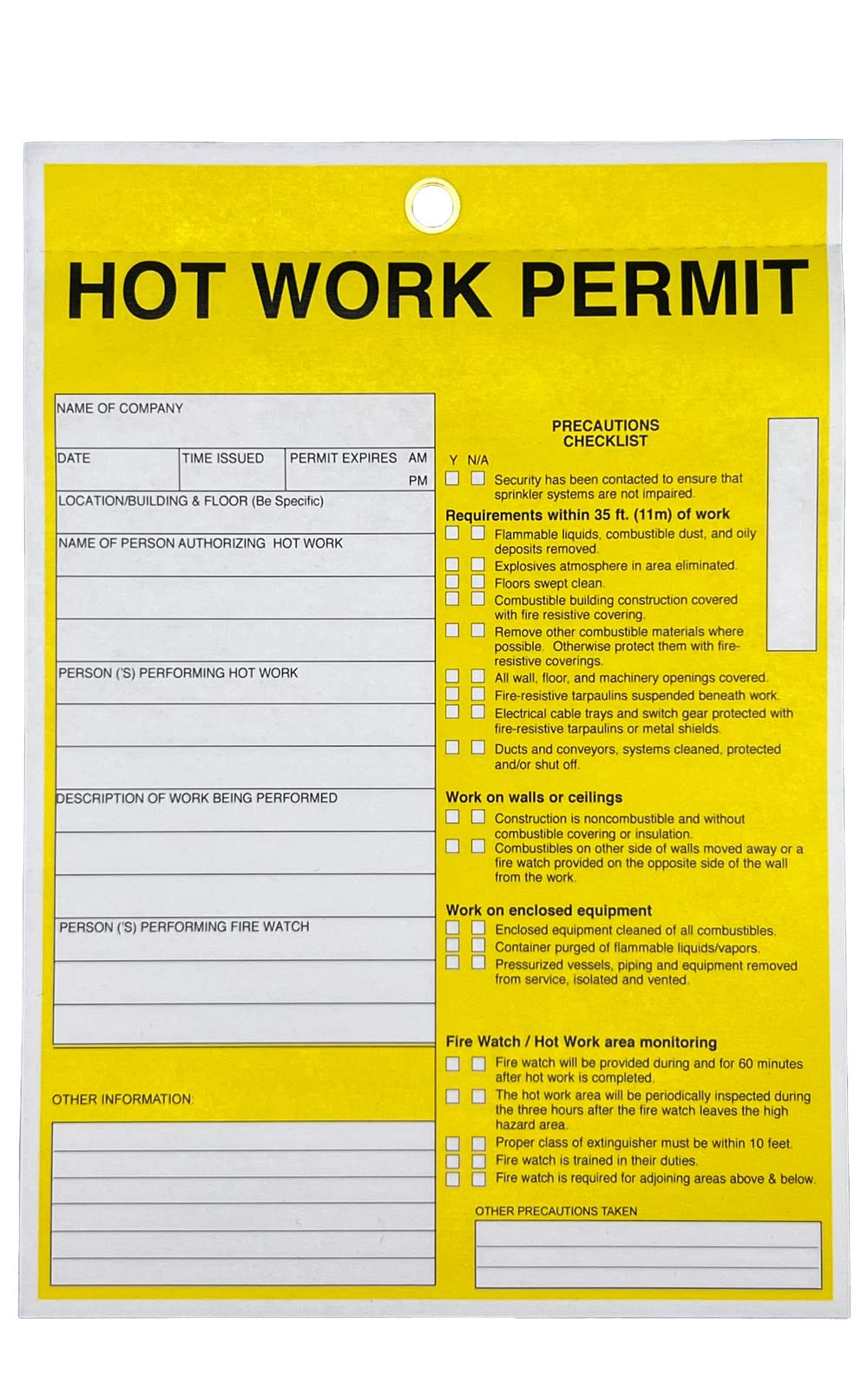 Hotwork Permit Status Tags, 2 Part Carbonless 5 5/8' X 8' Reinforced Hole - (Pack Of 25)