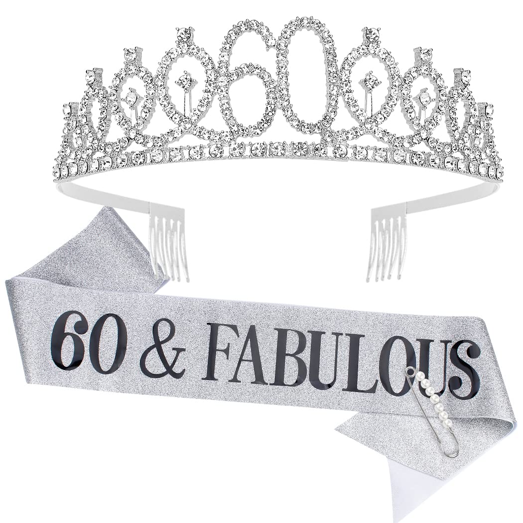 Vovii 60th Birthday Sash and Tiara, Silver Tiara, 60th Birthday Gifts for Women, 60th Birthday Decorations for Women, Happy 60th