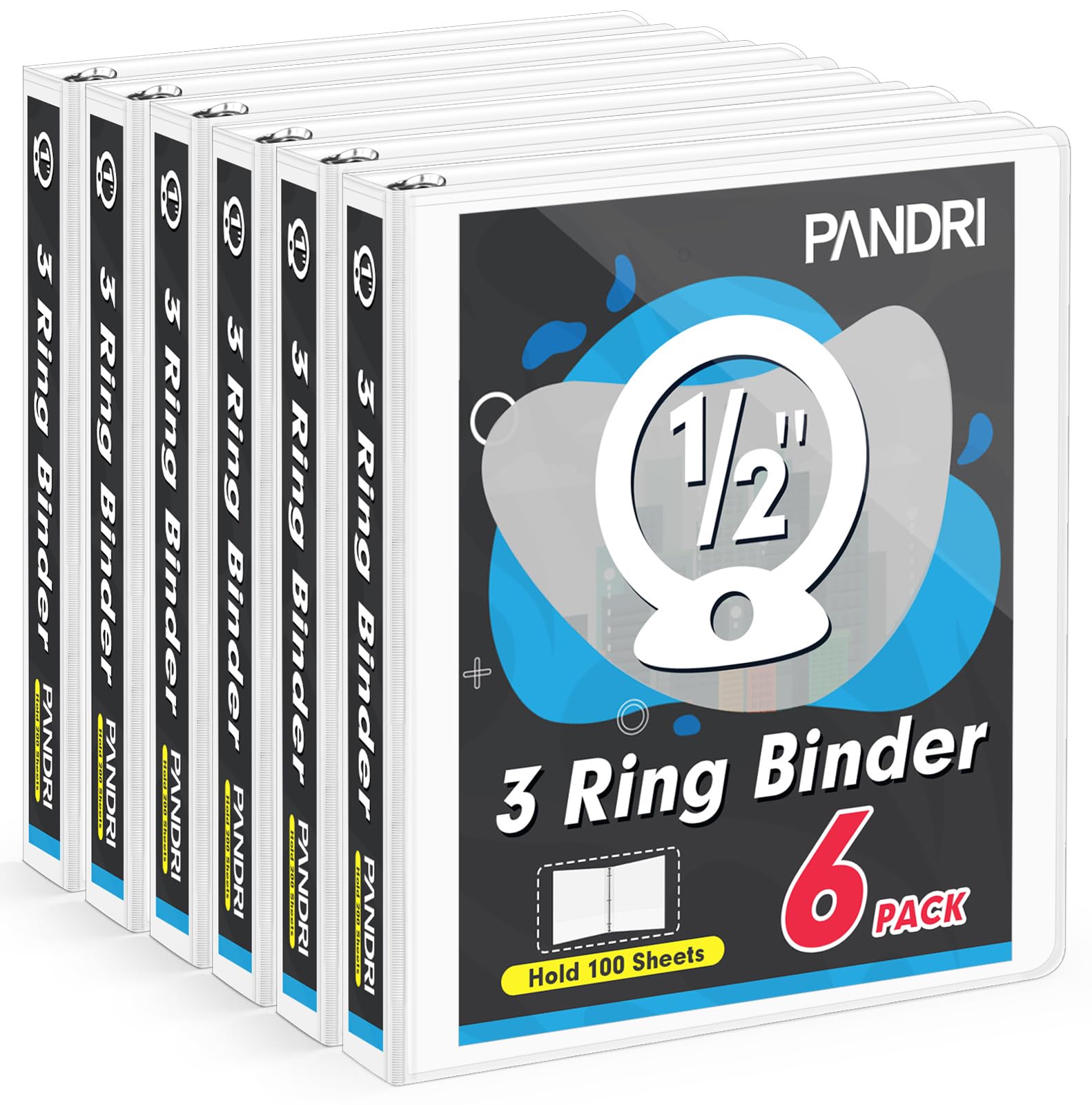 3 Ring Binder 0.5 Inch, Pandri 6 Pack Binder Fits Letter Size 8.5' X 11' Paper, Versatile Binders For Office Home School, 2 Po