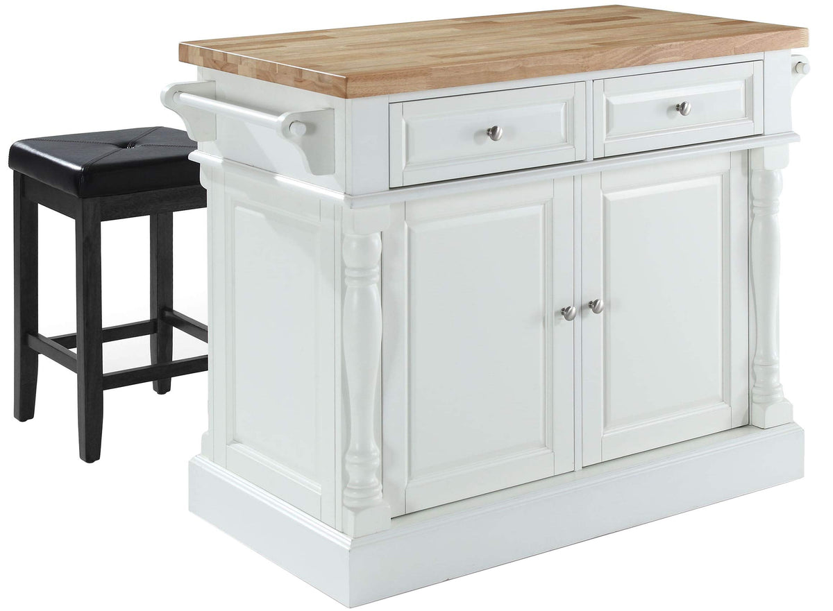 Crosley Furniture Oxford Butcher Block Kitchen Island, Coffee Bar, with a Set of 2 Square Seat Stools, White/Black