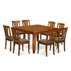 East West Furniture PFAV9-SBR-C 9 Piece Dining Room Table Set Includes a Square Kitchen Table with Butterfly Leaf and 8 Linen Fabric Upholstered Dining Chairs, 54x54 Inch, Saddle Brown