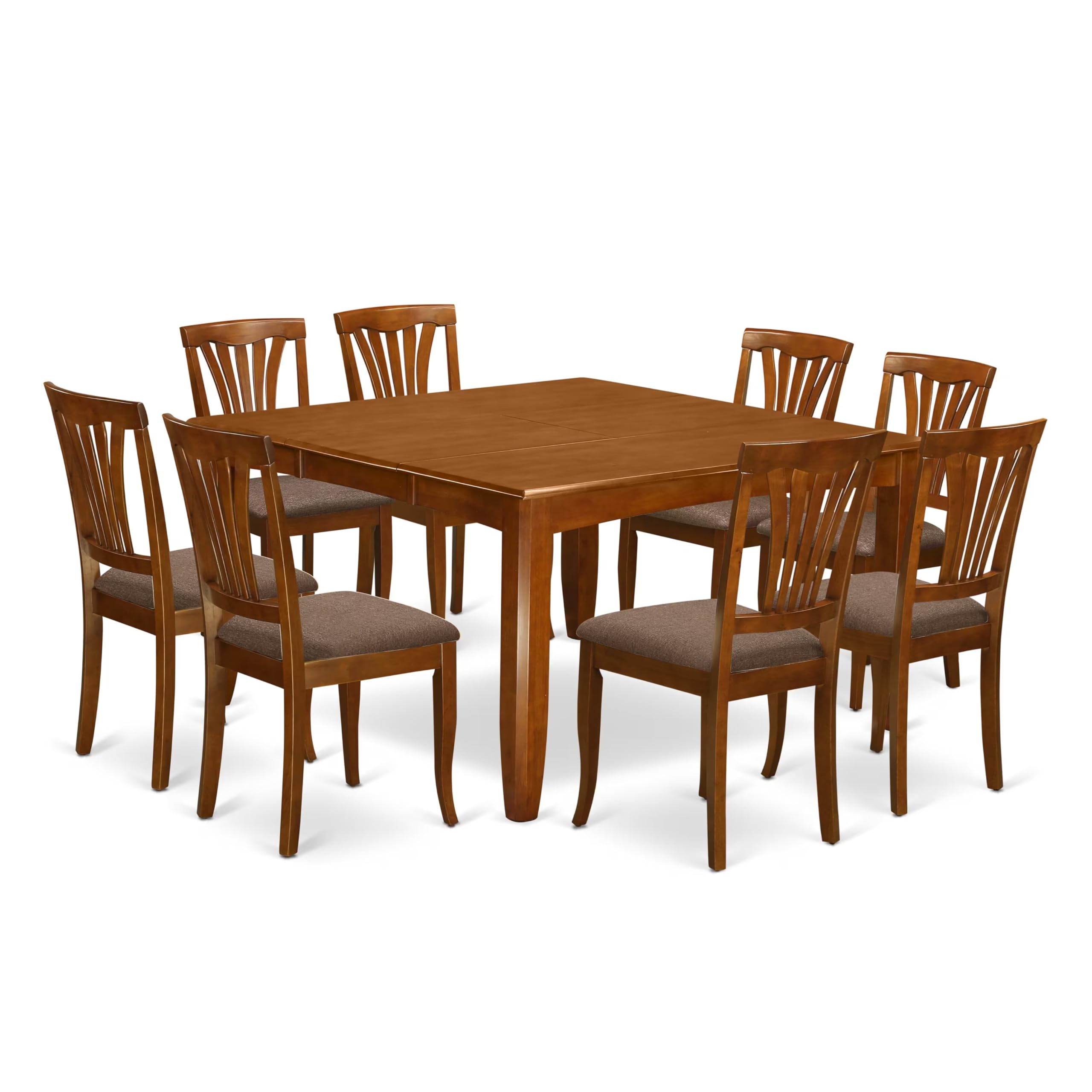 East West Furniture PFAV9-SBR-C 9 Piece Dining Room Table Set Includes a Square Kitchen Table with Butterfly Leaf and 8 Linen Fabric Upholstered Dining Chairs, 54x54 Inch, Saddle Brown