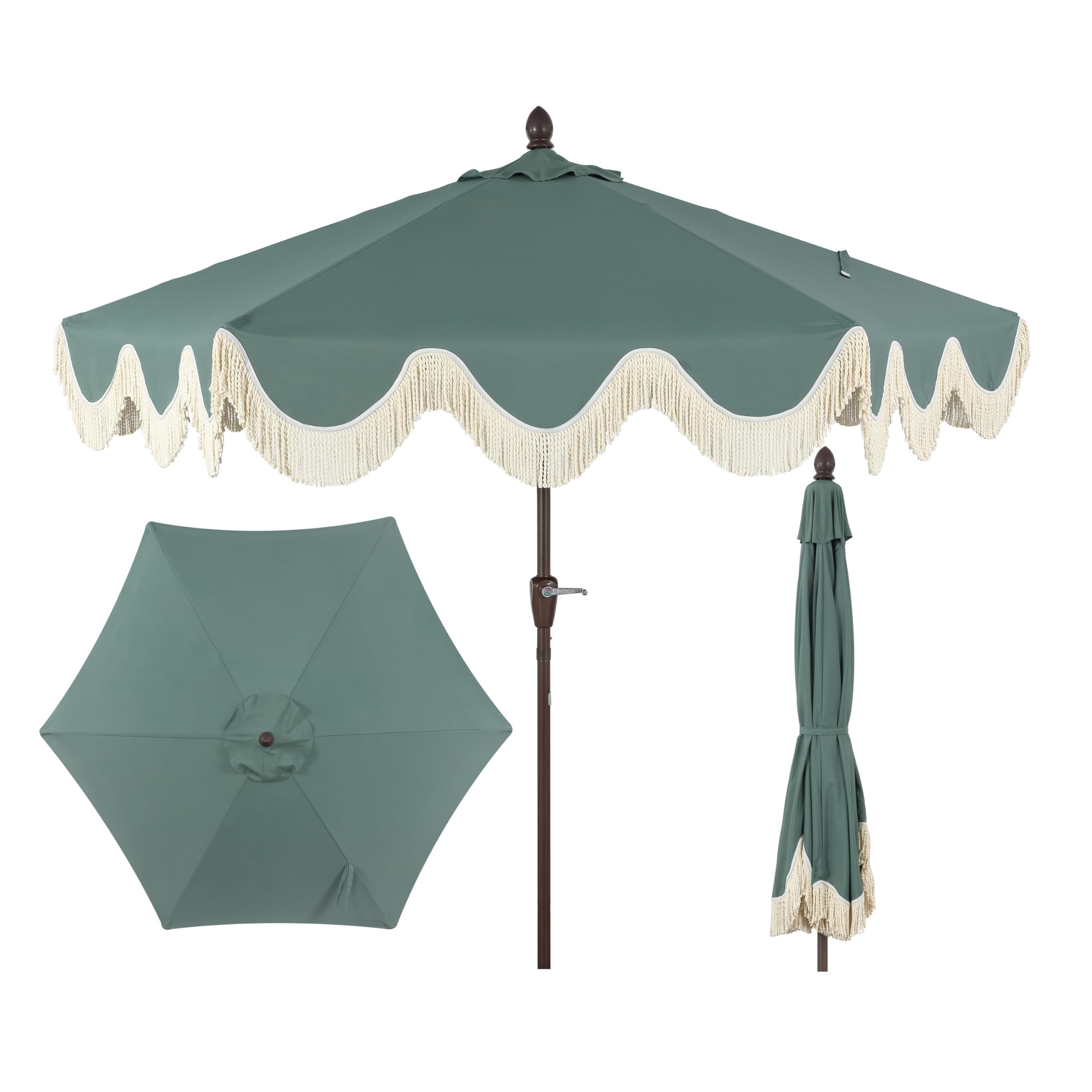 JONATHAN Y UMB1001G Collins 9 ft. Classic Cottage Tassel Market Patio Umbrella with Auto-Tilt, Crank, Wind Vent and UV Protectio