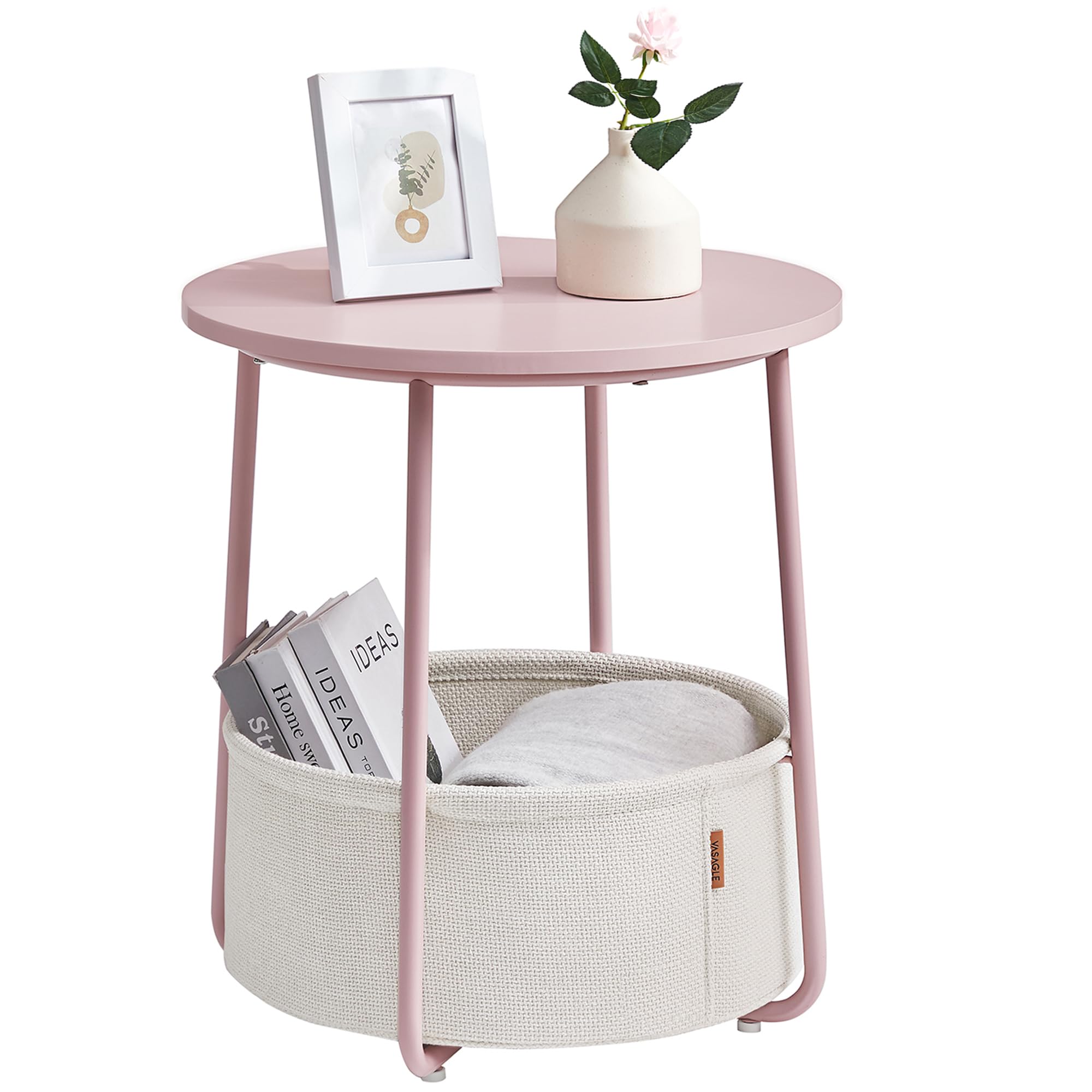 VASAGLE LILEA Collection - Small Round Side End Table, Modern Nightstand with Fabric Basket, Jelly Pink and Cream White ULET223R