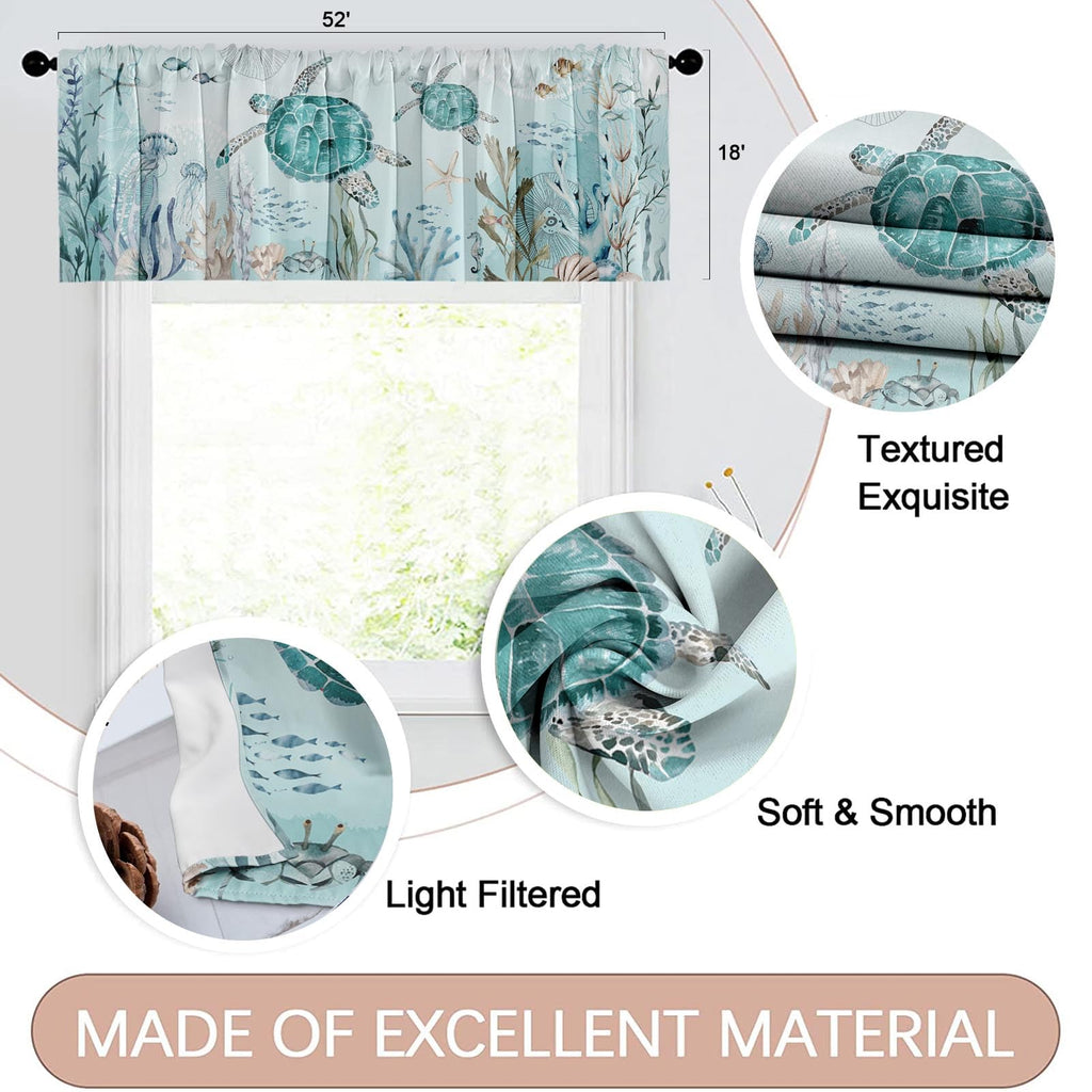 Emvency 2 Pack Valances Window Treatments,Summer Ocean Turtle Sea Teal Starfis Blackout Drapes Adjustable Curtain Valances For W