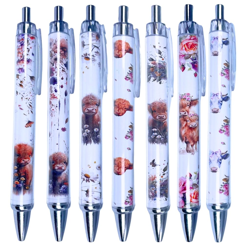 Yj Premiums 7 Pc Cow Pens | Cute Highland Cow Print Pens Floral Flower Kawaii Aesthetic White Brown Cows School Office Supplies