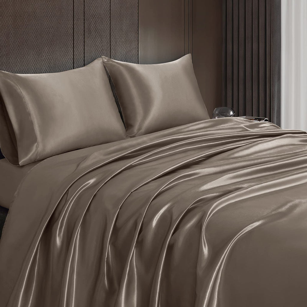 Homiest 4Pcs Satin Sheets Set Luxury Silky Satin Bedding Set With Deep Pocket, 1 Fitted Sheet + 1 Flat Sheet + 2 Pillowcases (King Size, Tinfoil Brown)