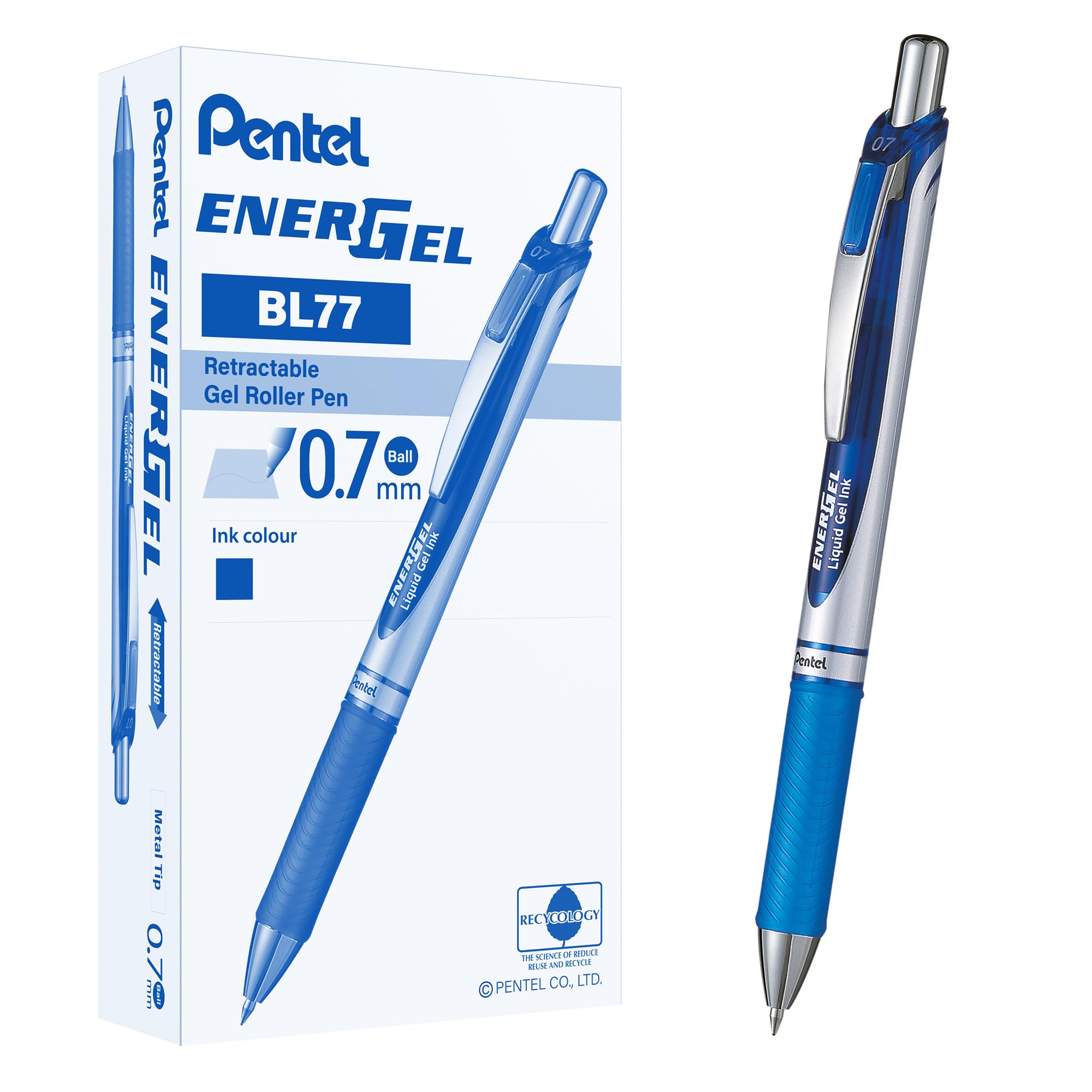 Pentel Bl77-Co Energel Xm Retractable Gel Pen With 0.7 Mm Tip, 0.35 Mm Line Width - Blue, Pack Of 12