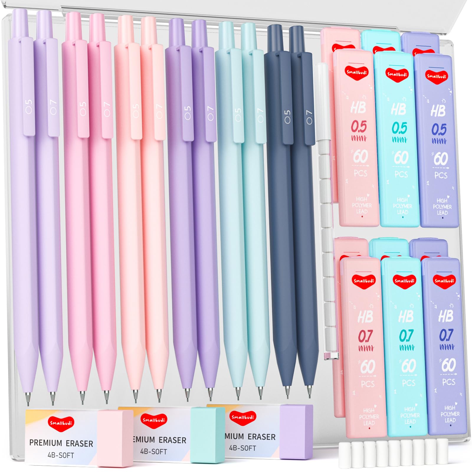 Smallbudi 12Pcs 0.5 & 0.7 Mm Mechanical Pencils Set With Case, Cute Pastel Mechanical Pencil With 720Pcs Hb Lead Refills, 3 Eras