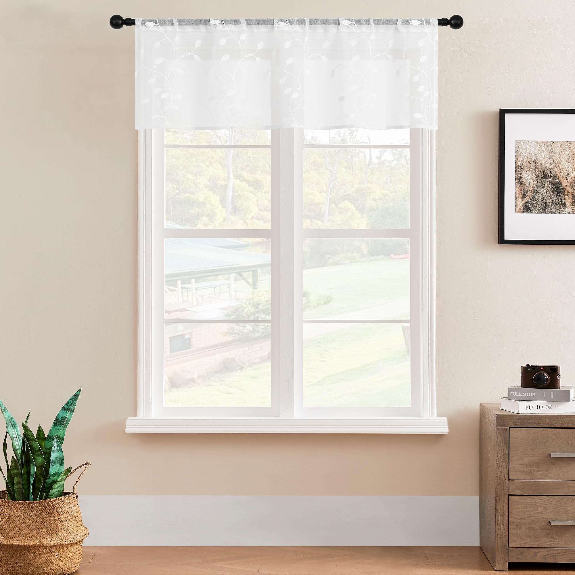 Mrtrees Sheer Valance Curtain, 2 Panels Christmas Sheer Curtains Valances Rod Pocket, Voile Leaves Embroidered Topper Curtains F