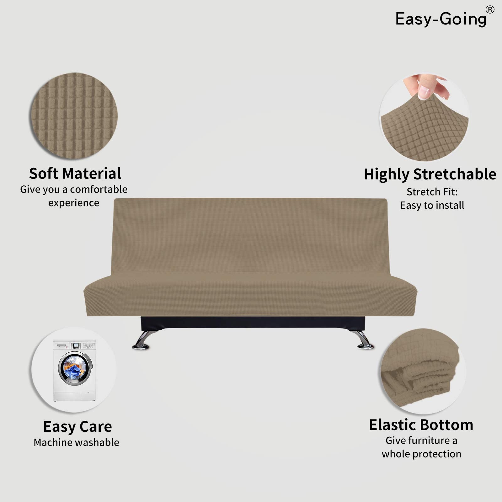 Easy-Going Stretch Futon Slipcover Armless Futon Bed Cover Furniture Protector Without Armrests With Elastic Bottom For Kids, Soft Jacquard Fabric Small Checks (Large, Natural)