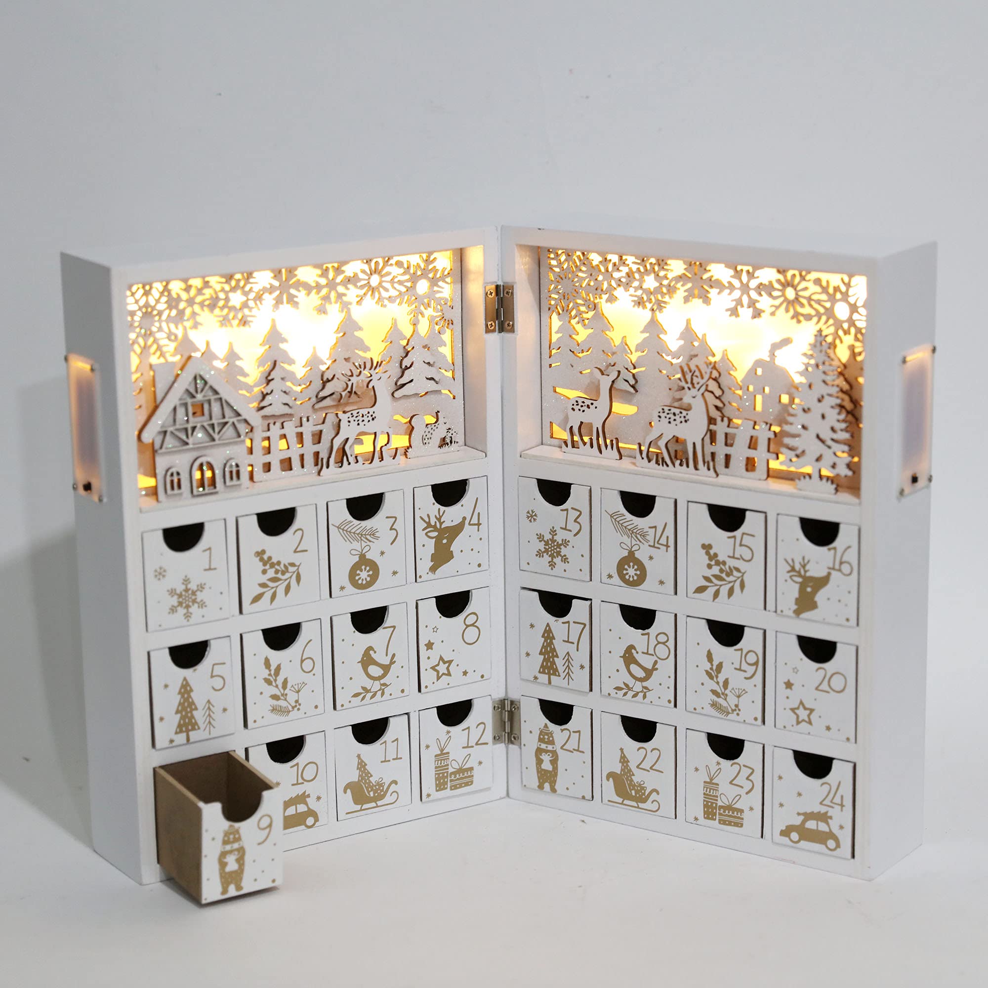 Pioneer-Effort Christmas Wooden Advent Calendar Book With Leds White & Gold Christmas Reindeer Countdown Holiday Gifts With 24 D