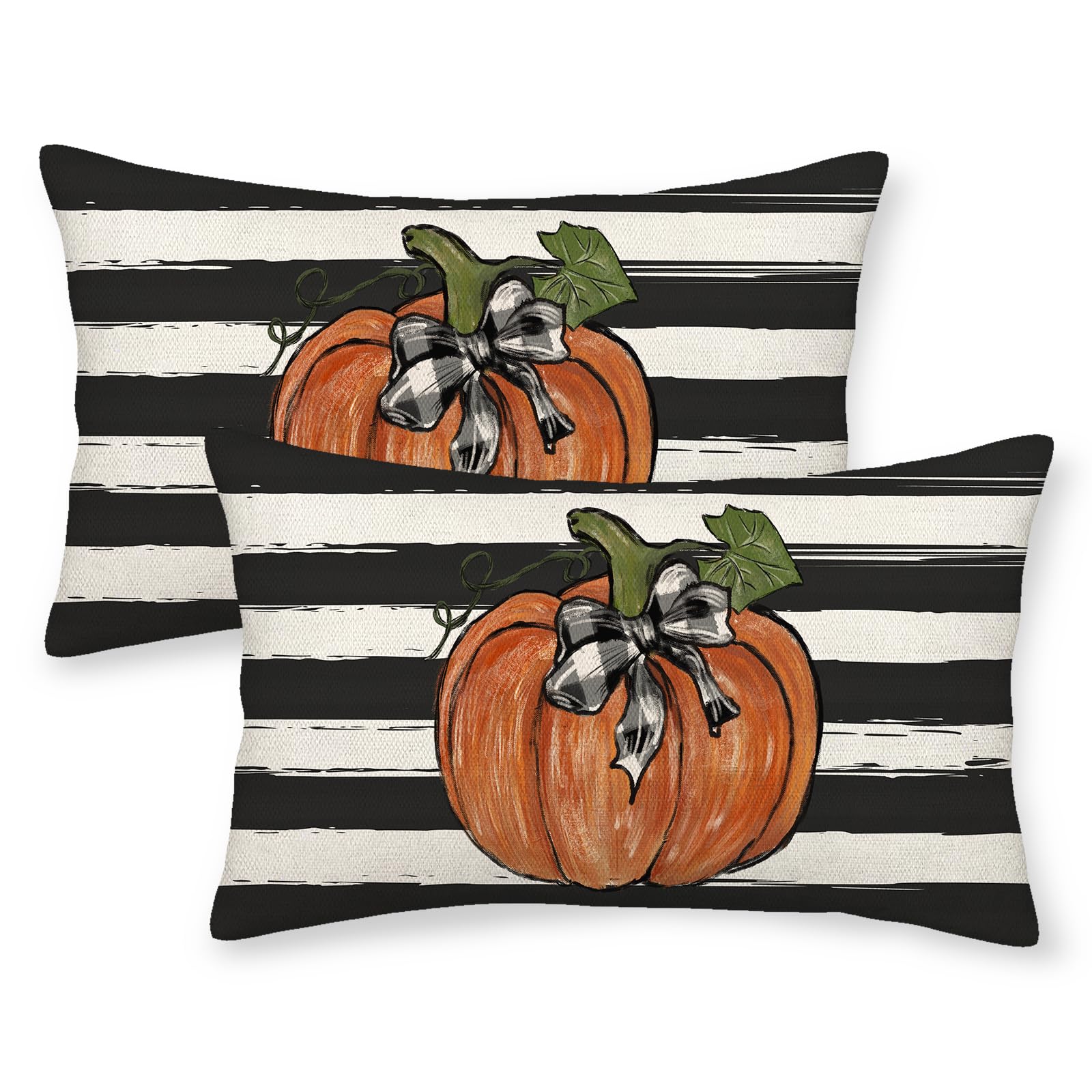 Gohdiwh Fall Pillow Covers 12X20 Set Of 2 Pumpkin Maple Leaves And Stripes Fall Decor Pillowcase Linen Autumn Thanksgiving Decor
