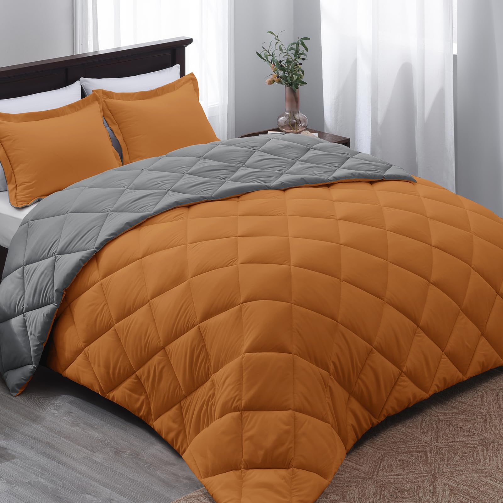 Basic Beyond Twin Comforter Set - Burnt Orange Comforter Set Twin , Reversible Twin Bed Comforter Set For All Seasons, Burnt Orange/Charcoal Gray, 1 Comforter (66'X92') And 1 Pillow Sham (20'X26'+2')