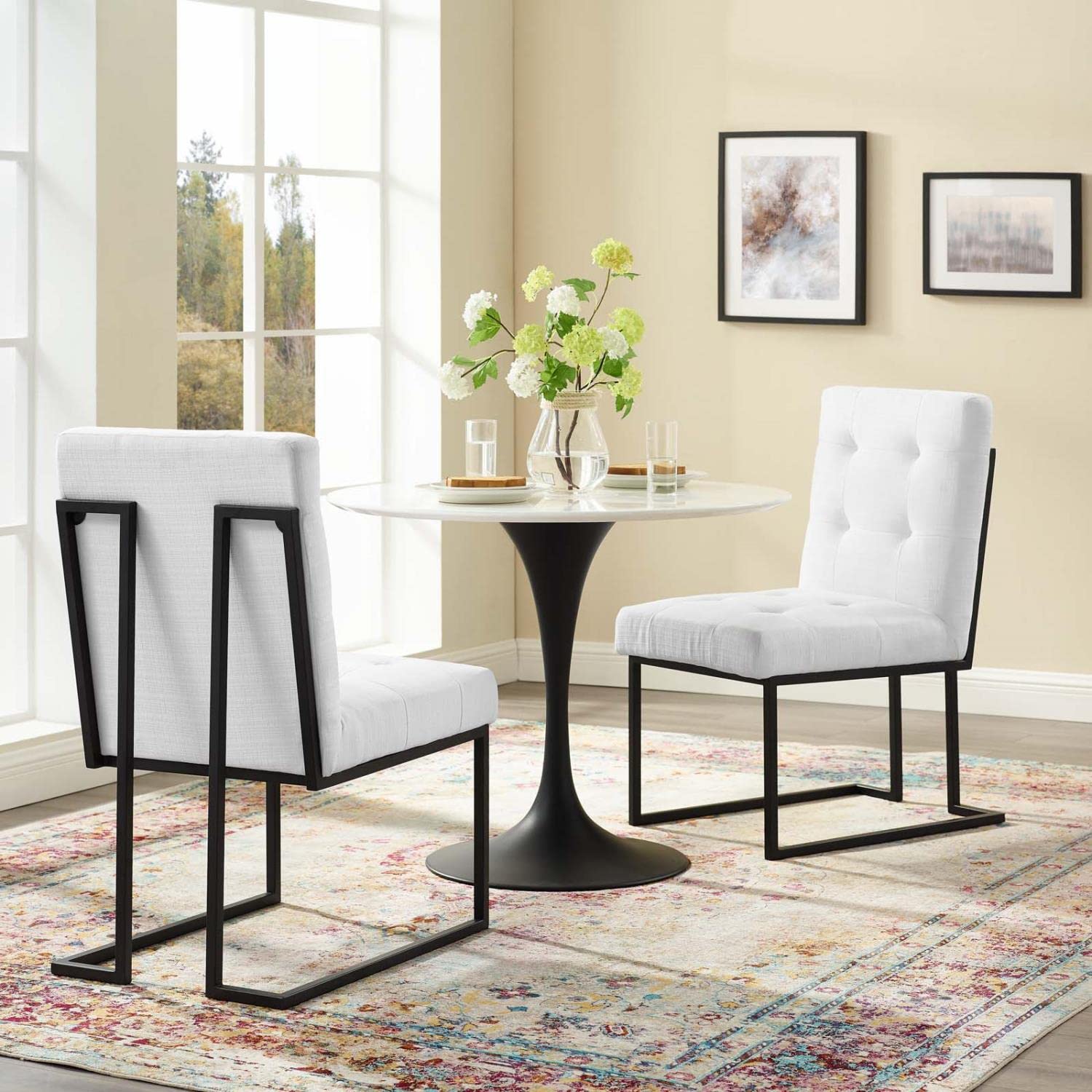 Modway Privy Stainless Steel Upholstered Fabric Dining Chair Set Of 2, Black White