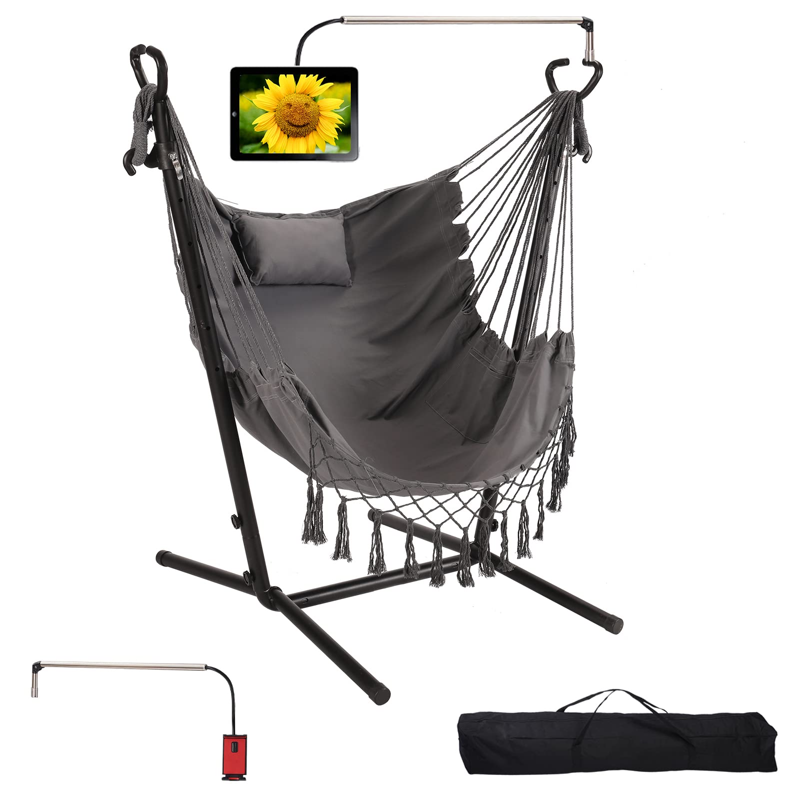 Hammock With Stand Phone Holder Included Double Hanging Chair Macrame Boho Handmade Adjustable Swing Indoor Outdoor Patio Yard G